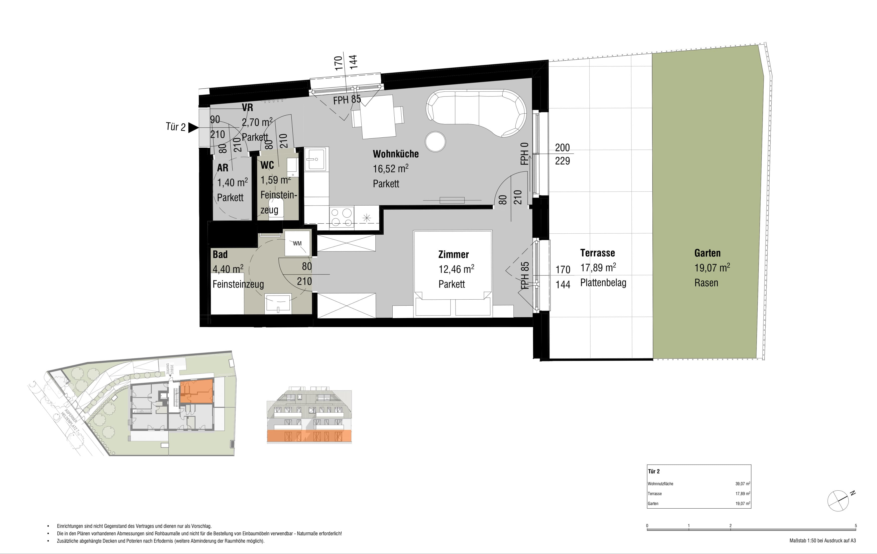 Grundriss Top 2 — Löwenzahn & Espenlaub — 2 Zimmer — 39 m² — Ground floor