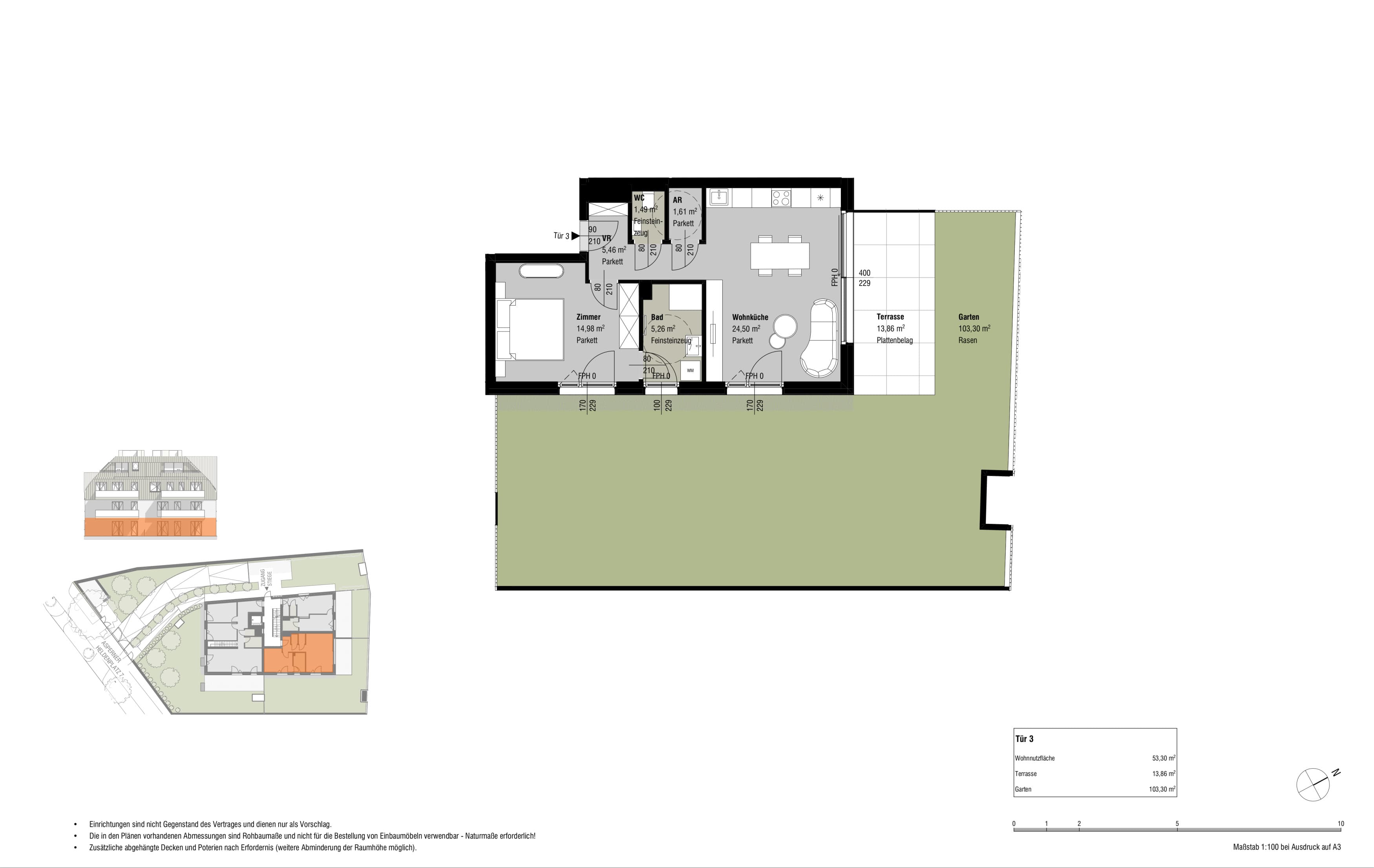 Grundriss Top 3 — Löwenzahn & Espenlaub — 2 Zimmer — 53,4 m² — Ground floor