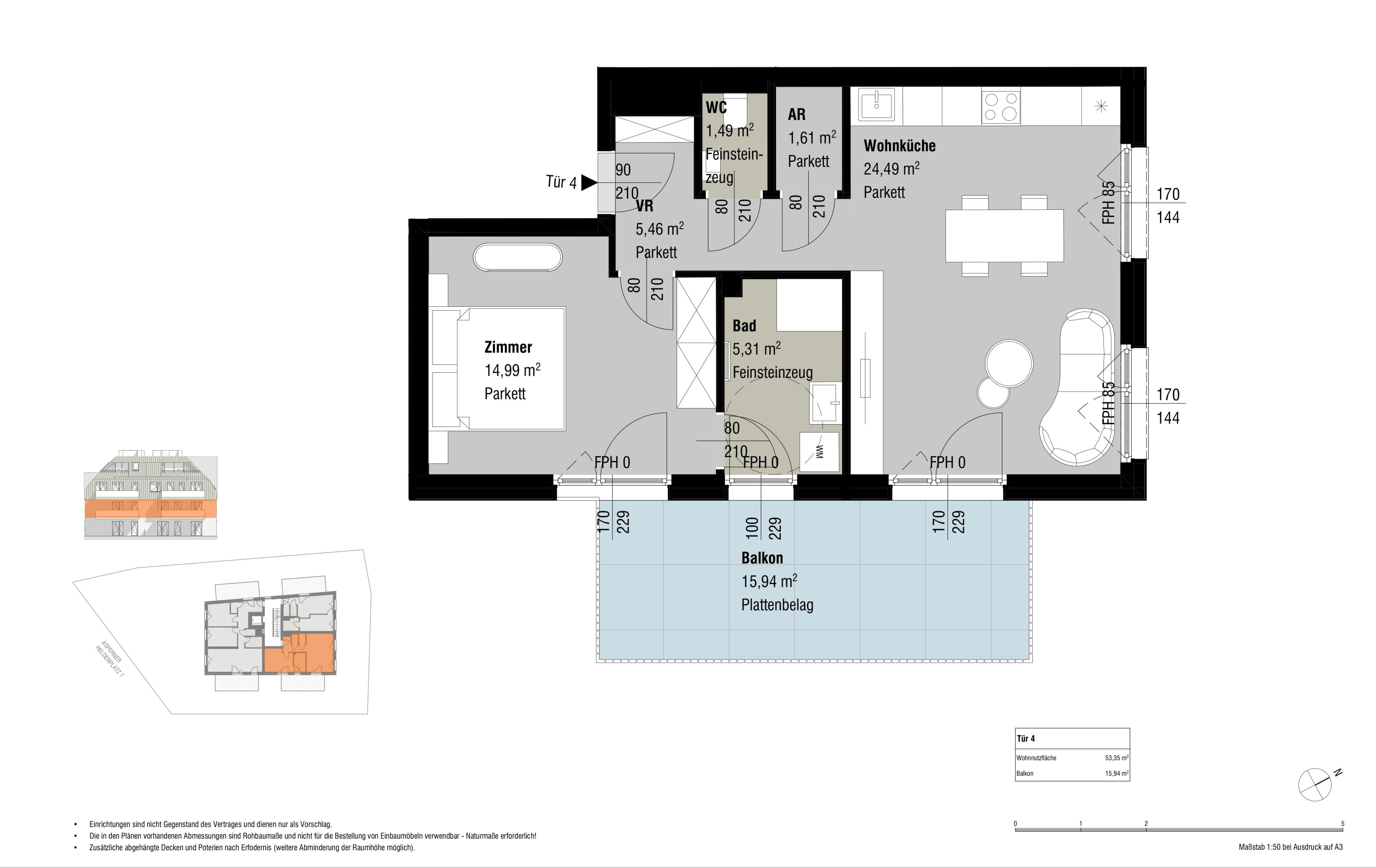 Grundriss Top 4 — Löwenzahn & Espenlaub — 2 Zimmer — 53,4 m² — 1st floor