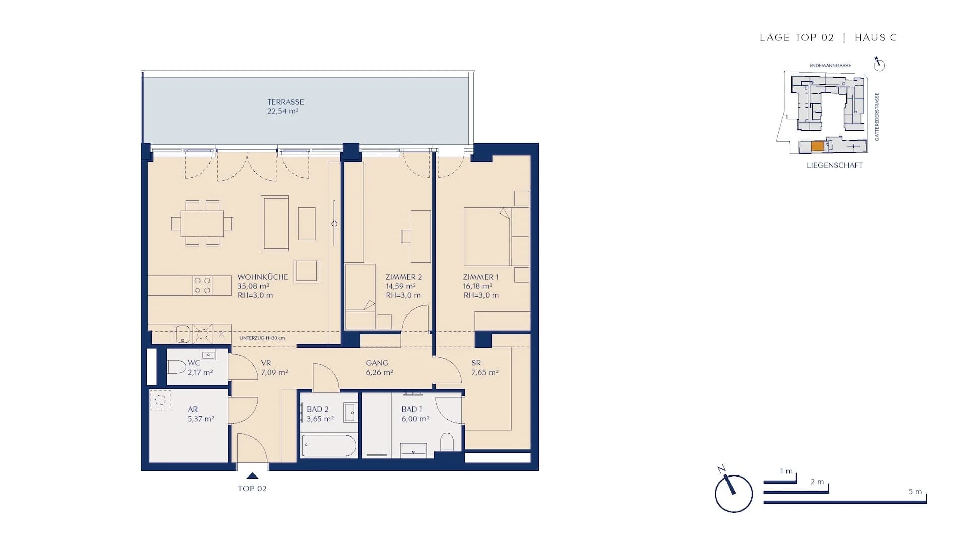 Grundriss Top01-EG — Loft.Rosenhügel — 3 Zimmer — 104 m² — Ground floor — Nordost-Terrasse, Liesingbach