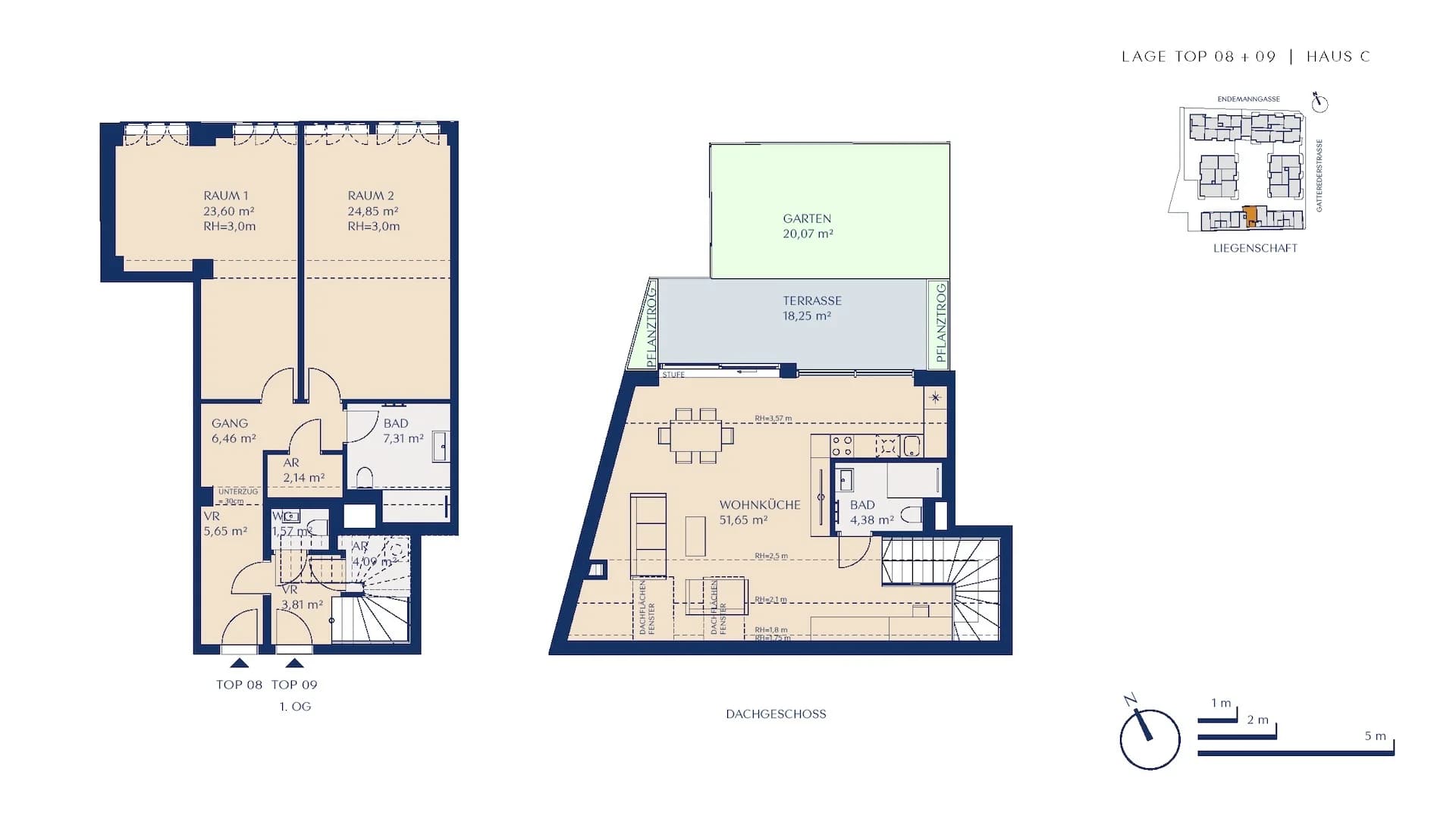 Grundriss Top08-09 — Loft.Rosenhügel — 3 Zimmer — 135,5 m² — Upper floor / Attic floor — Nordost-Terrasse, Garten