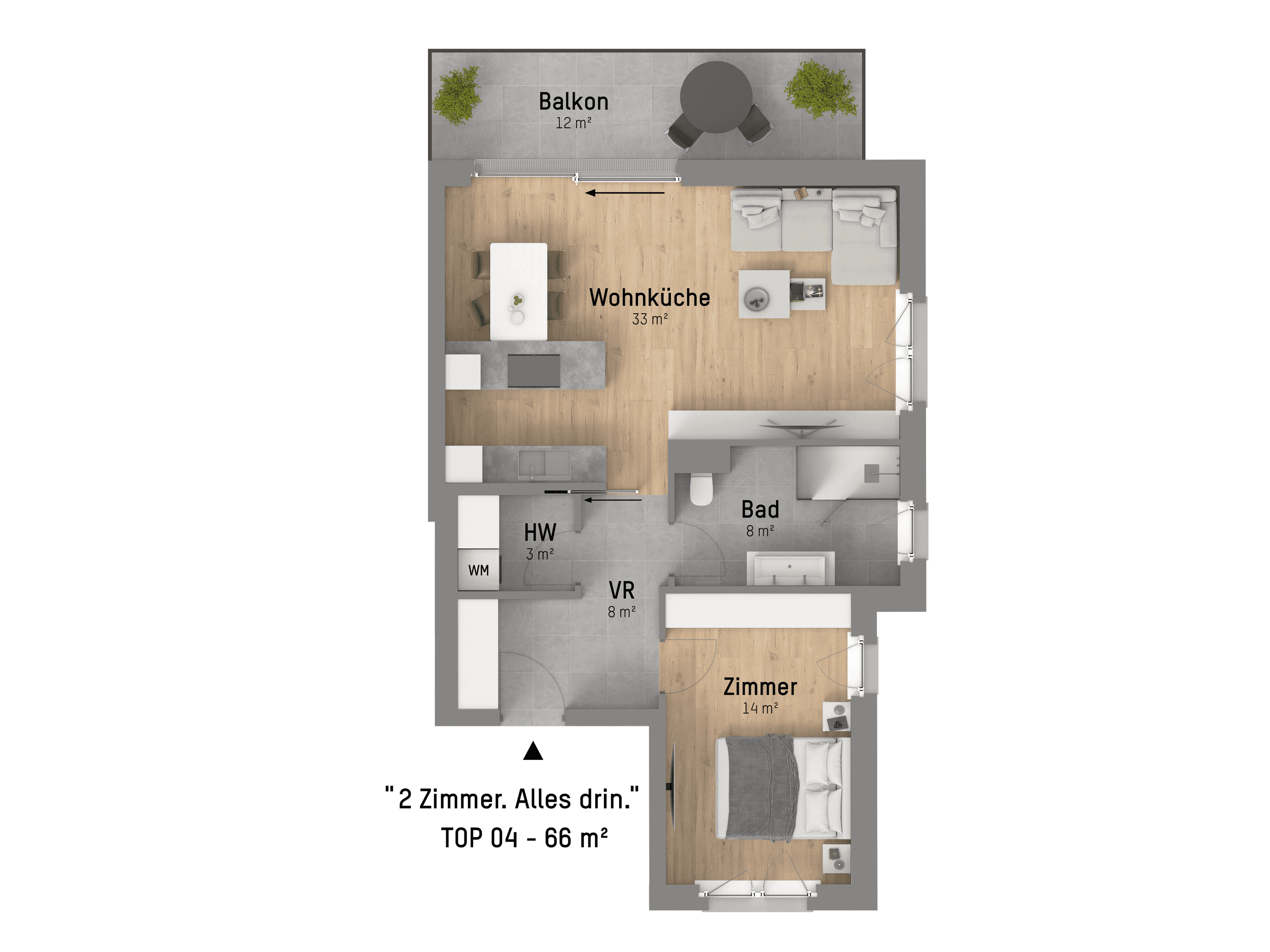 Grundriss TOP 4 — Loimerweg 21 — 2 Zimmer — 65,6 m² — 1st floor — Grundriss 1/2