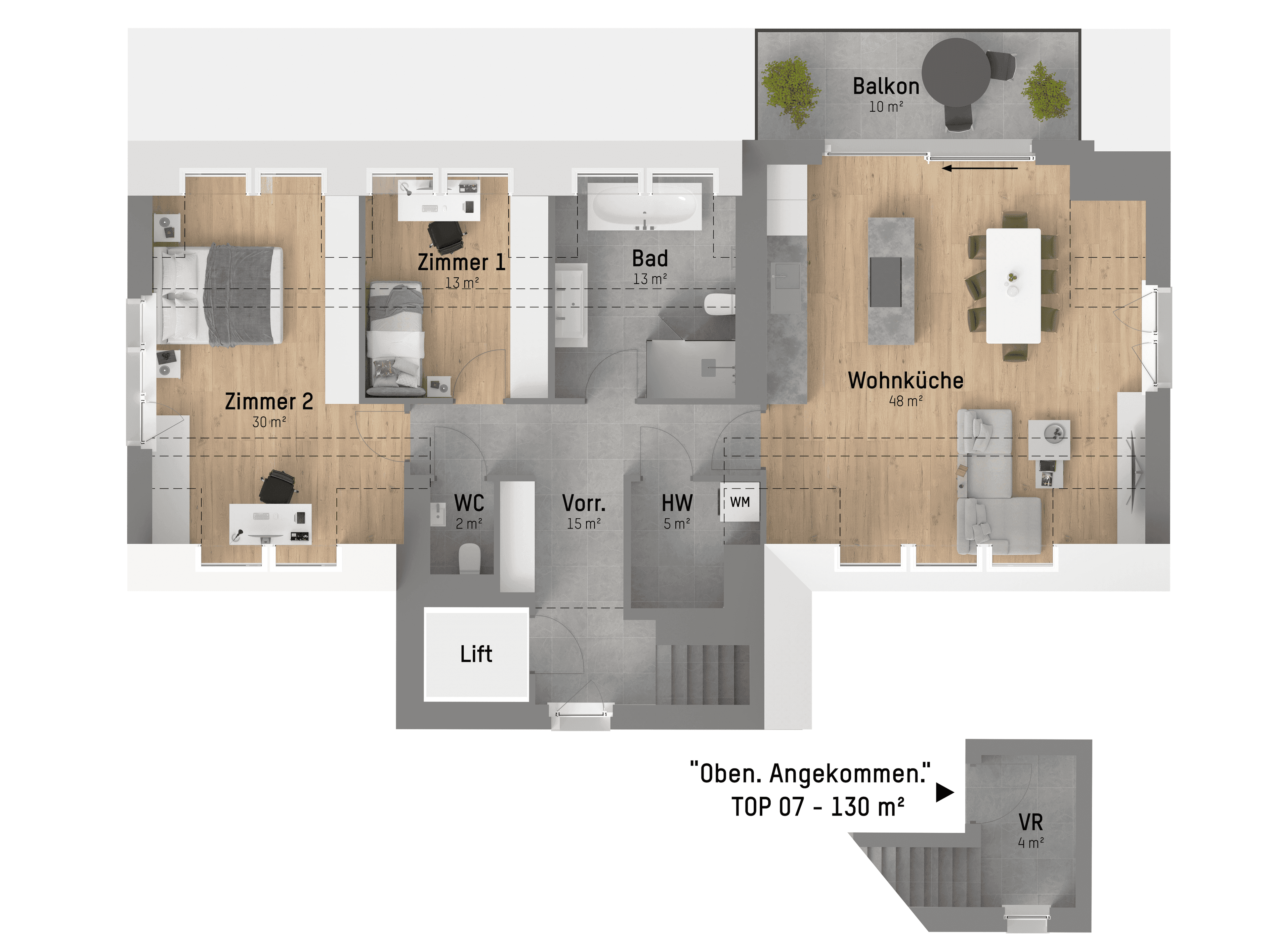 Grundriss TOP 7 — Loimerweg 21 — 3 Zimmer — 129,2 m² — 2nd attic floor — Grundriss 1/2