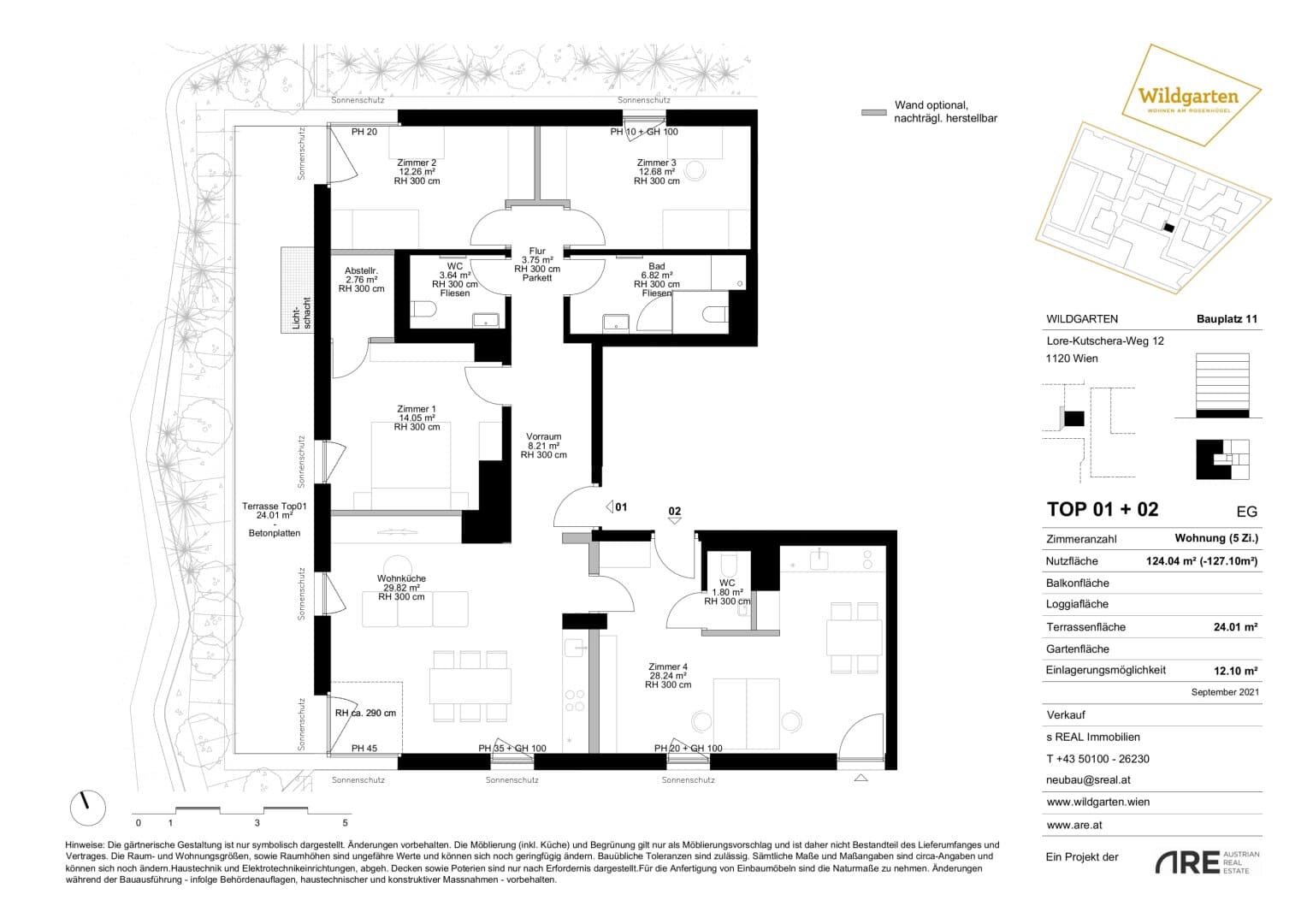 Grundriss BP 11 Top 1+2 Vorsorge — Wildgarten | Bauplatz 11+20 — 6 Zimmer — 123,6 m² — Ground floor — Terrasse — Grundriss 2/2