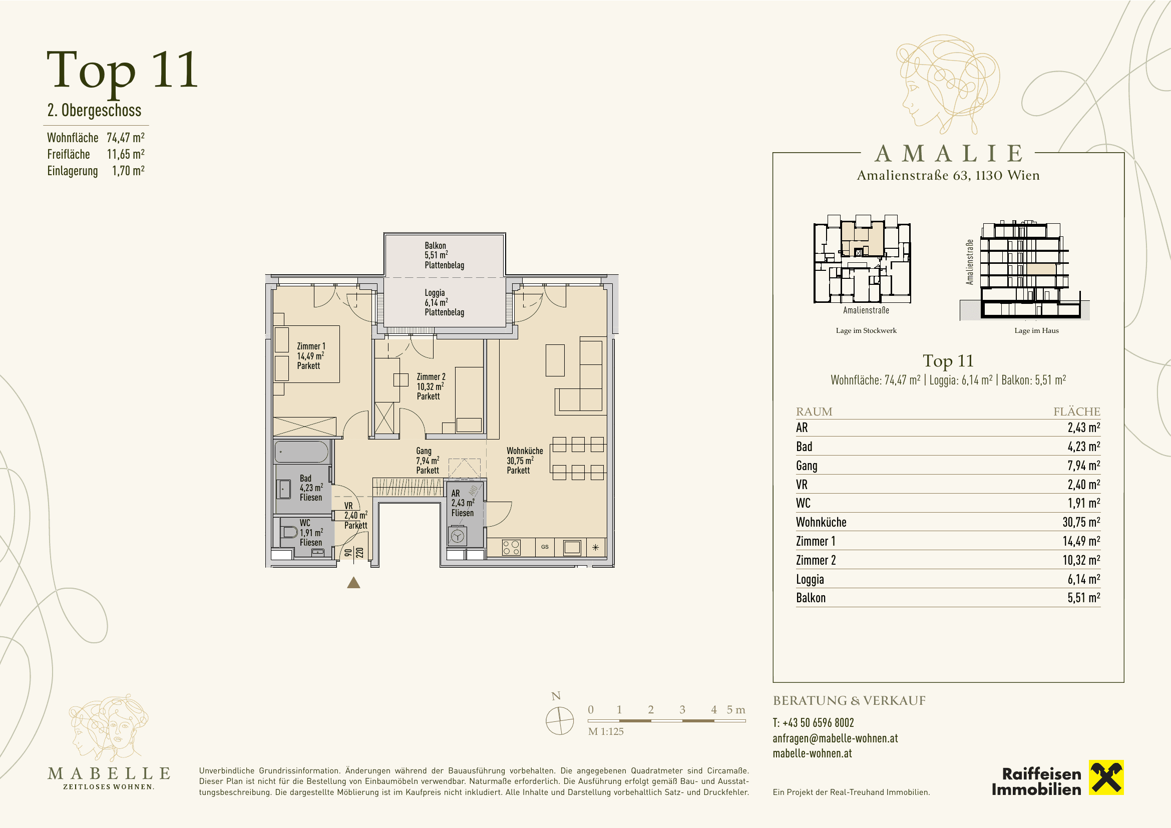 Grundriss Top 11 — MABELLE - Zeitloses Wohnen | Haus Amalie — 3 Zimmer — 74,5 m² — 2. OG