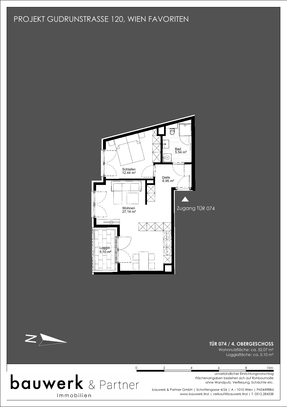 Grundriss Top 074 — Maja — 2 Zimmer — 52,1 m² — 4th floor