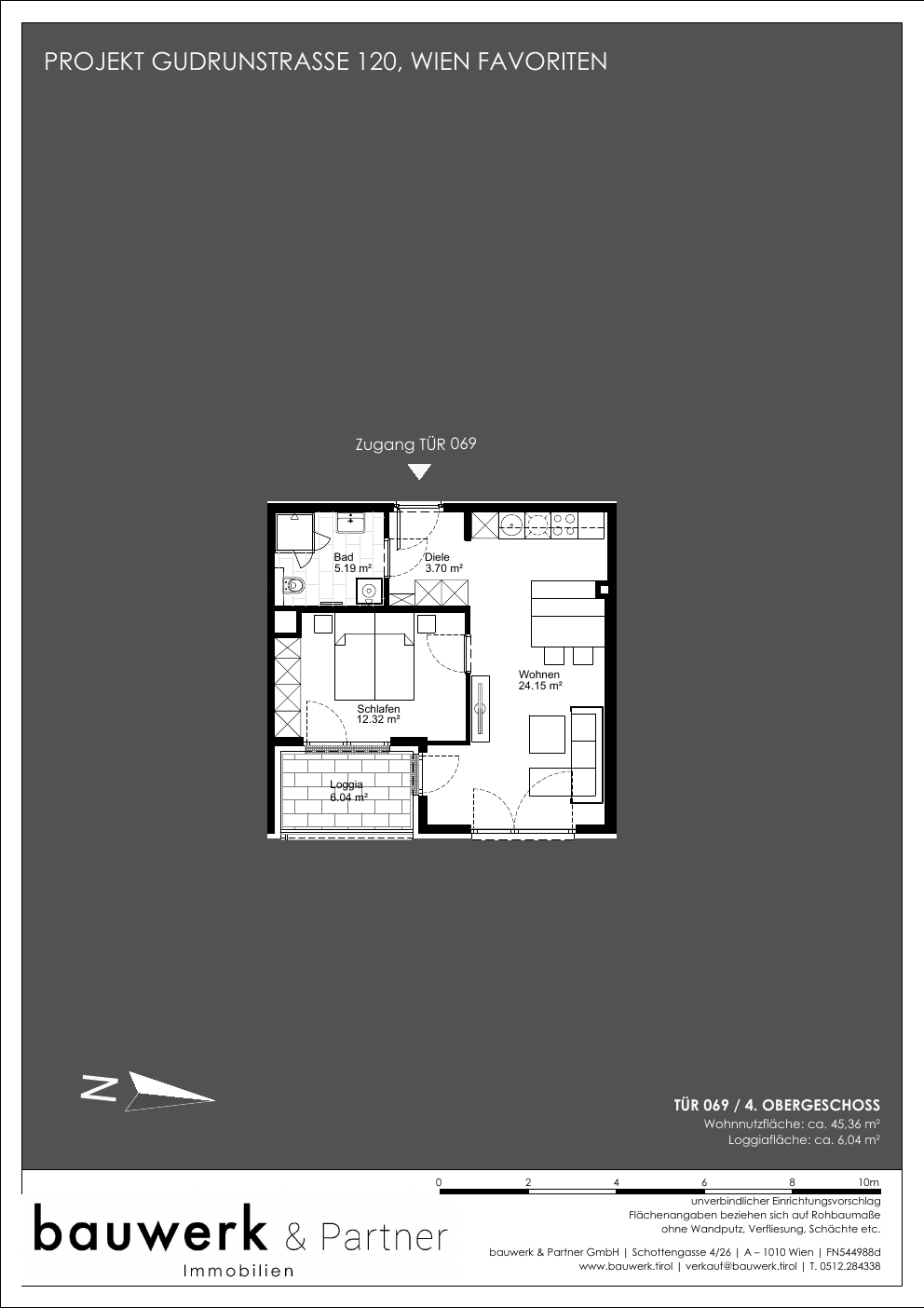 Grundriss Top 069 — Maja — 2 Zimmer — 45,4 m² — 4th floor