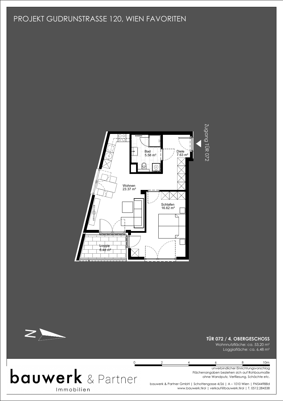 Grundriss Top 072 — Maja — 2 Zimmer — 53,2 m² — 4th floor