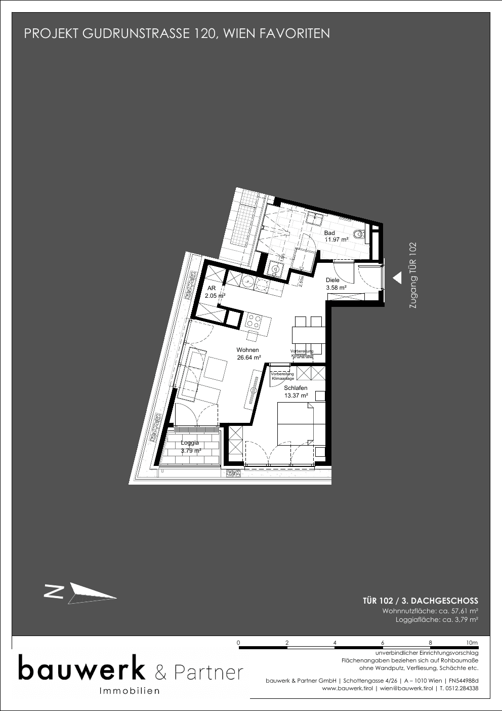 Grundriss Top 102 — Maja — 2 Zimmer — 57,6 m² — 3rd attic floor