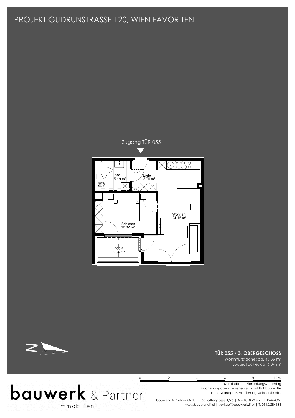 Grundriss Top 055 — Maja — 2 Zimmer — 45,4 m² — 3rd floor