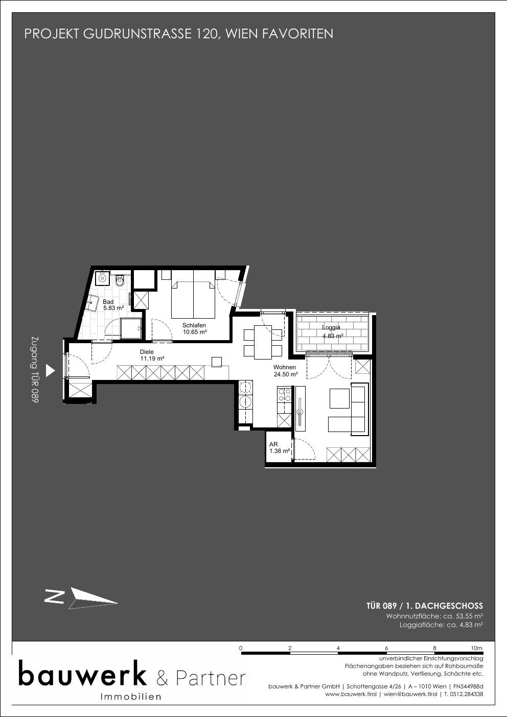 Grundriss Top 089 — Maja — 2 Zimmer — 53,6 m² — 1st attic floor