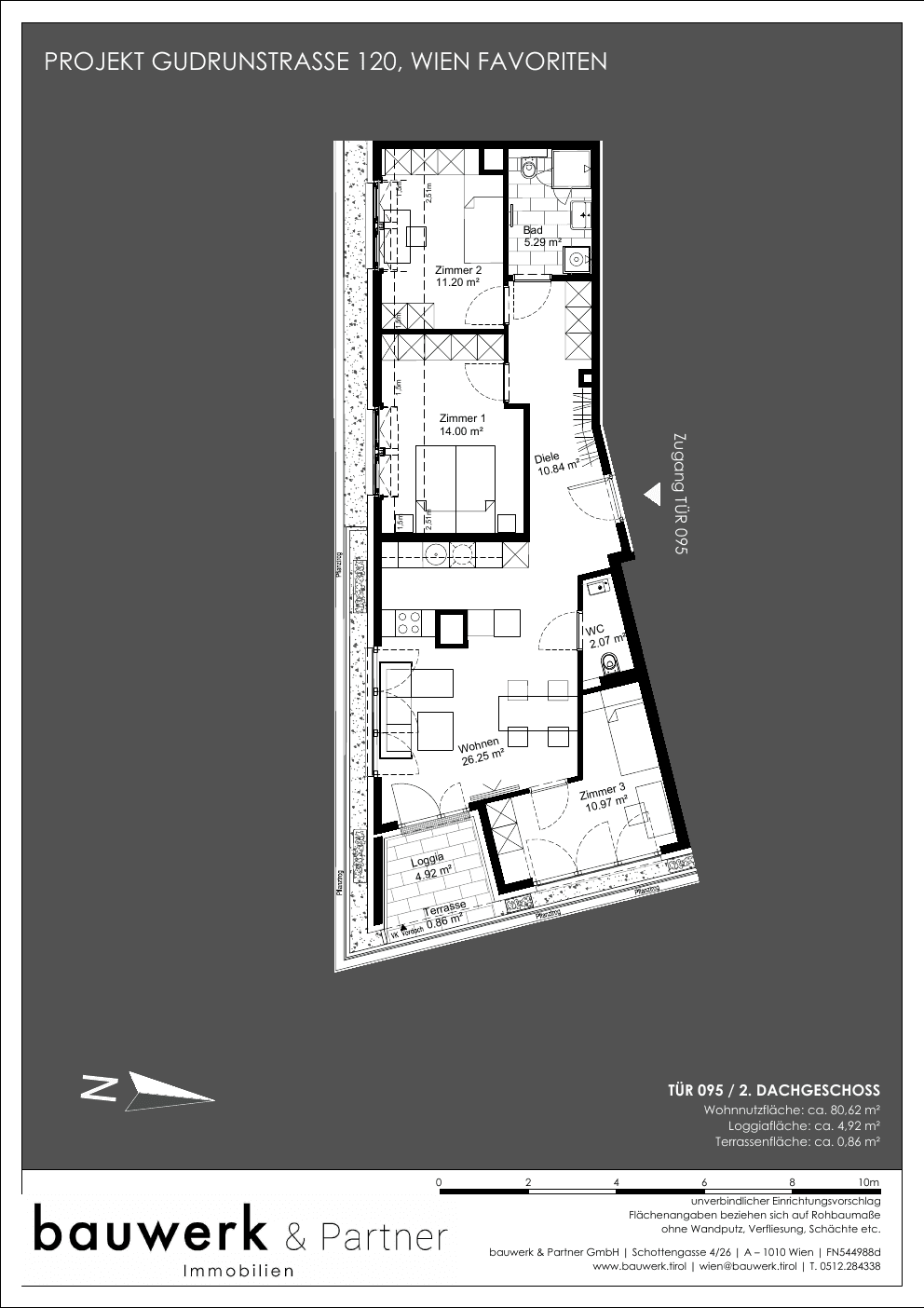 Grundriss Top 095 — Maja — 3 Zimmer — 80,6 m² — 2nd attic floor