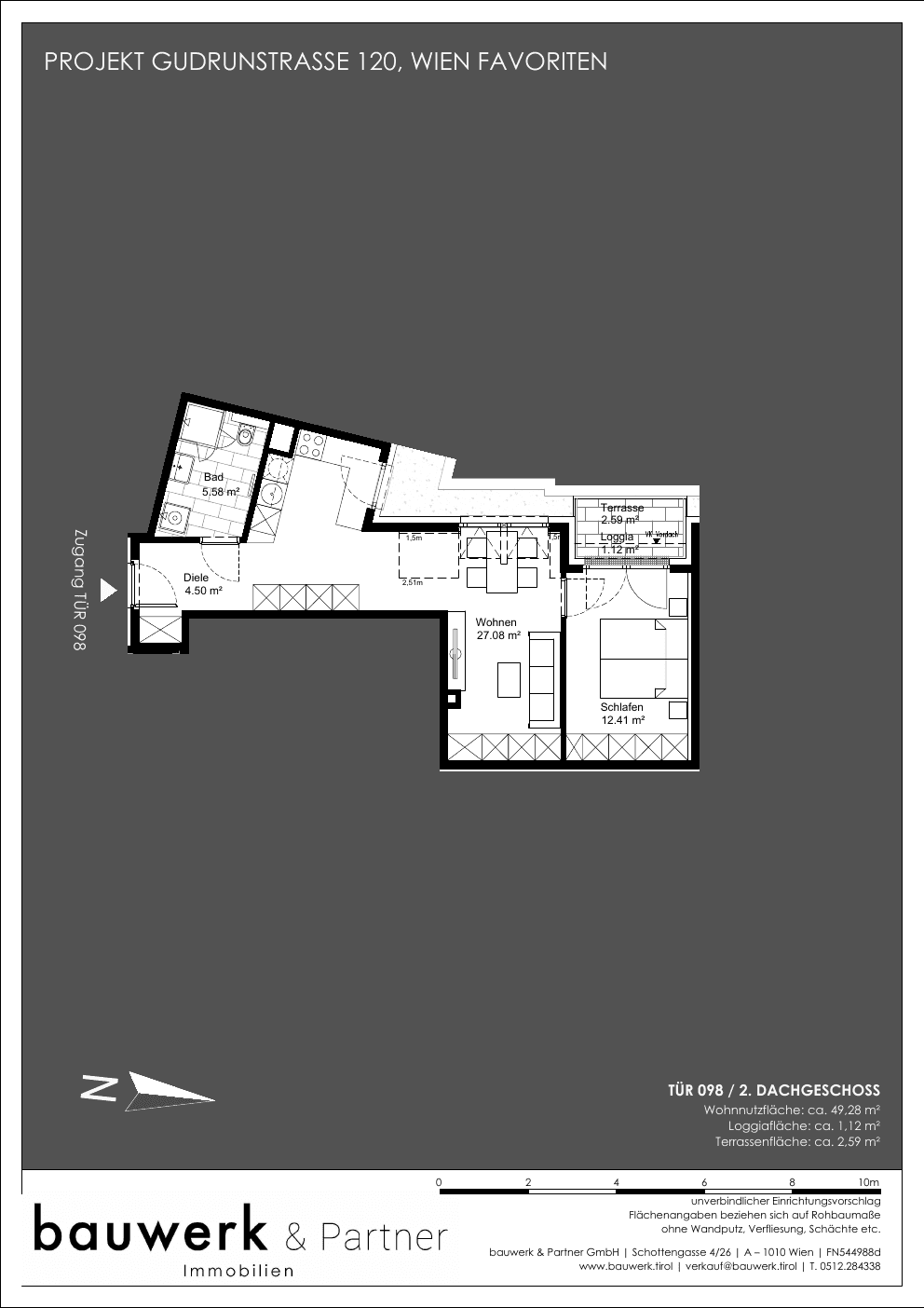 Grundriss Top 098 — Maja — 2 Zimmer — 49,3 m² — 2nd attic floor