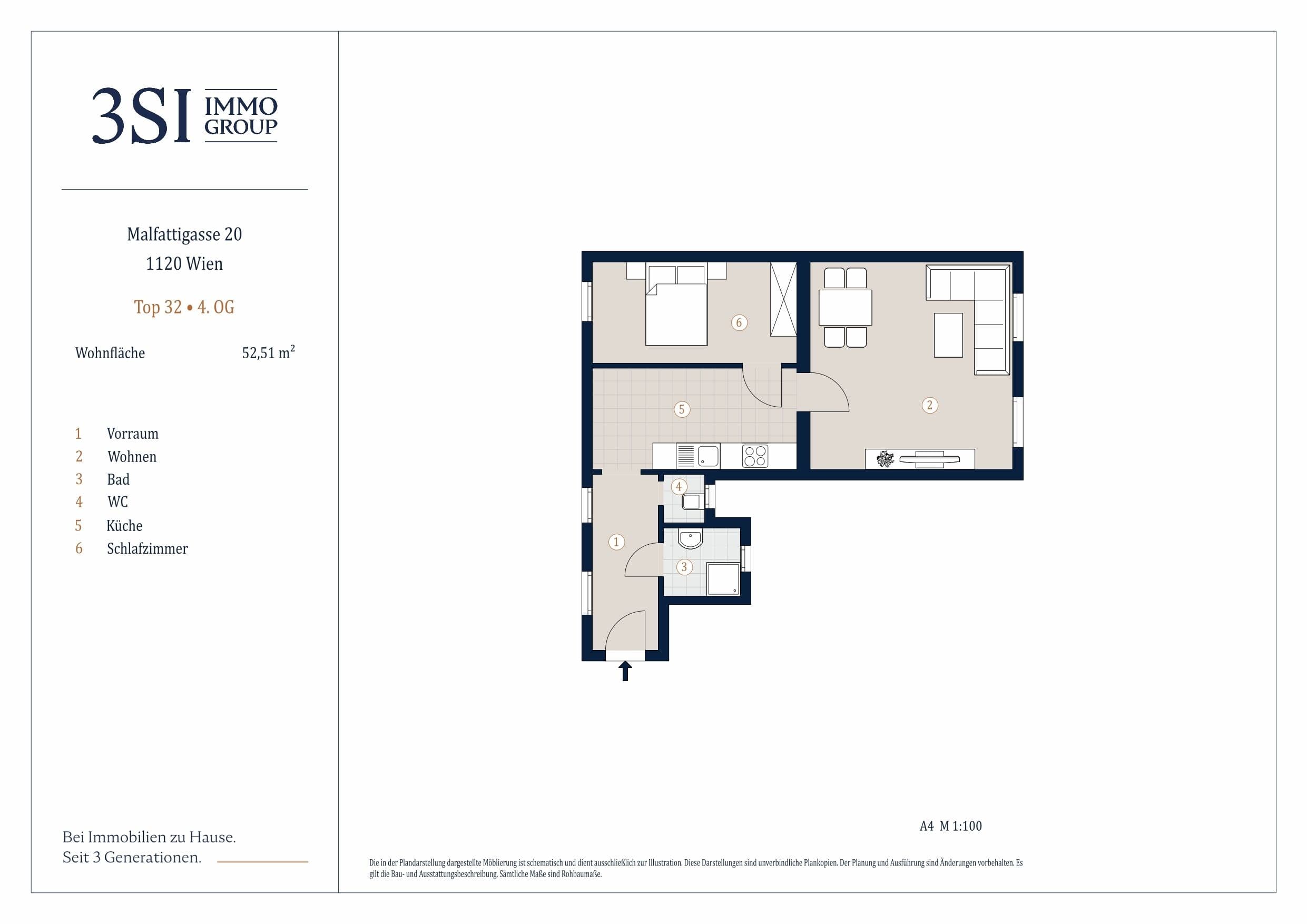 Grundriss Top 32 — Malfattigasse 20 — 2 Zimmer — 52,5 m² — 4th floor
