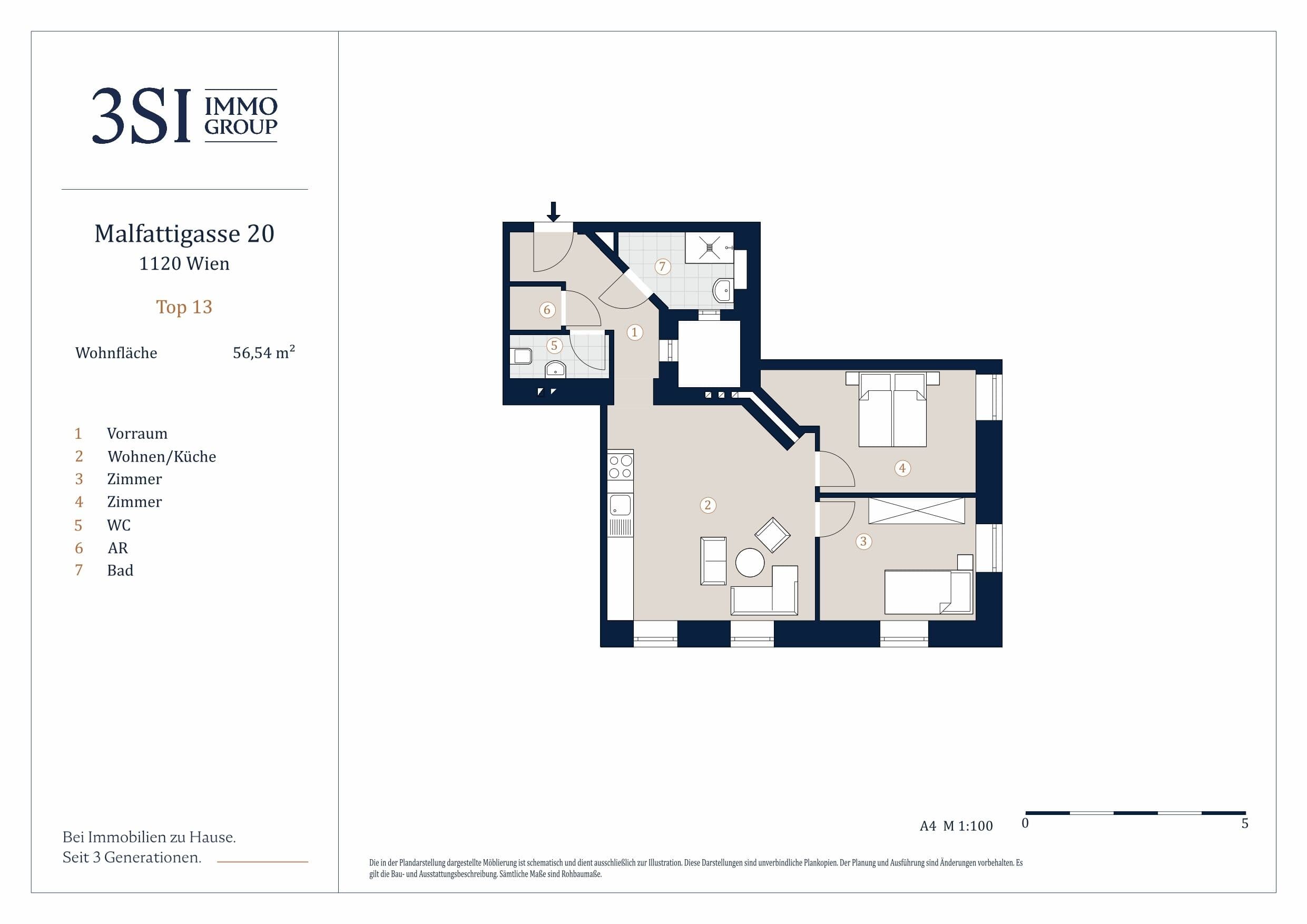Grundriss Top 13 — Malfattigasse 20 — 3 Zimmer — 56,5 m² — 1st floor