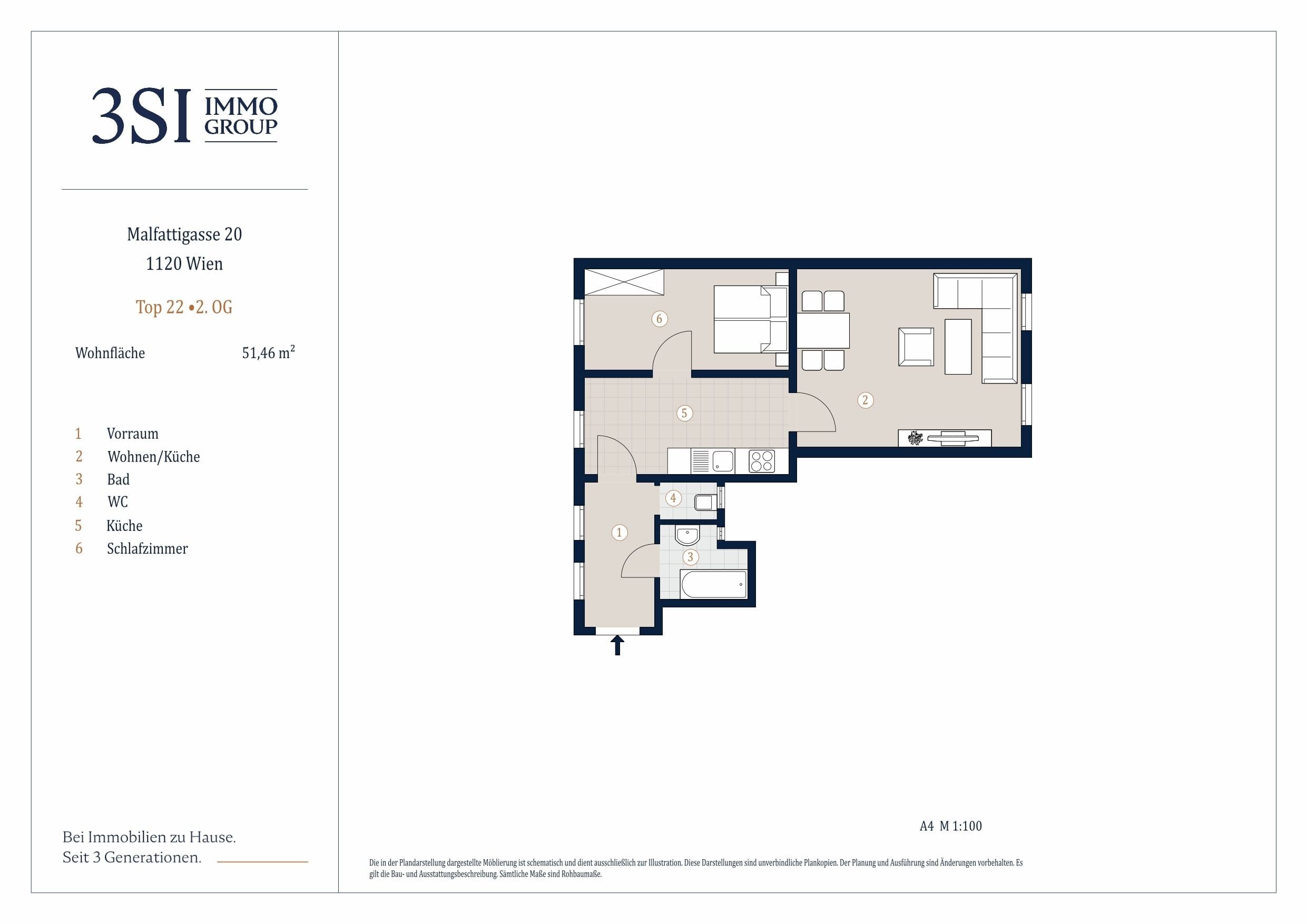 Grundriss Top 22S — Malfattigasse 20 — 2 Zimmer — 51,5 m² — 2nd floor