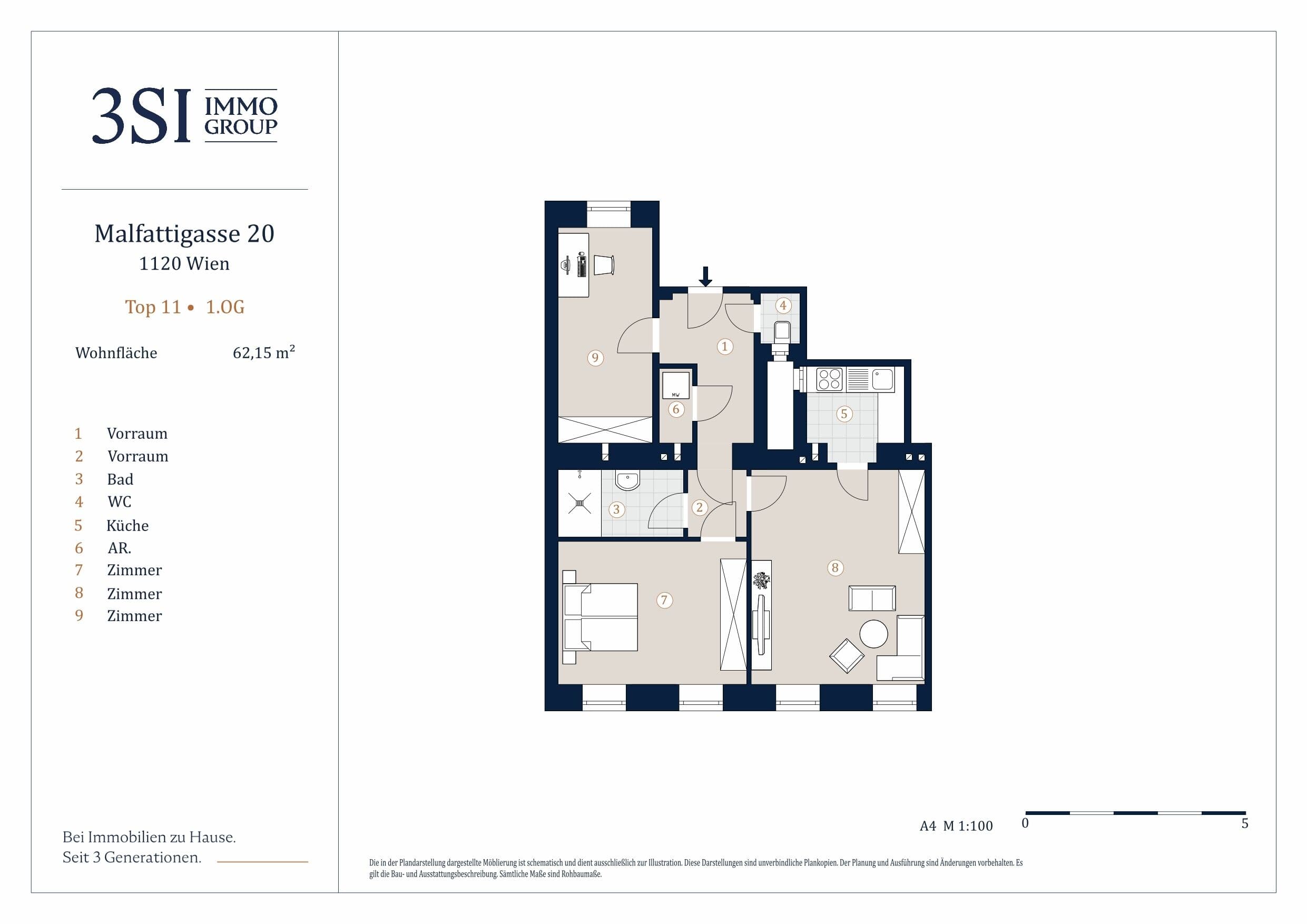 Grundriss Top 11 — Malfattigasse 20 — 3 Zimmer — 62,2 m² — 1st floor