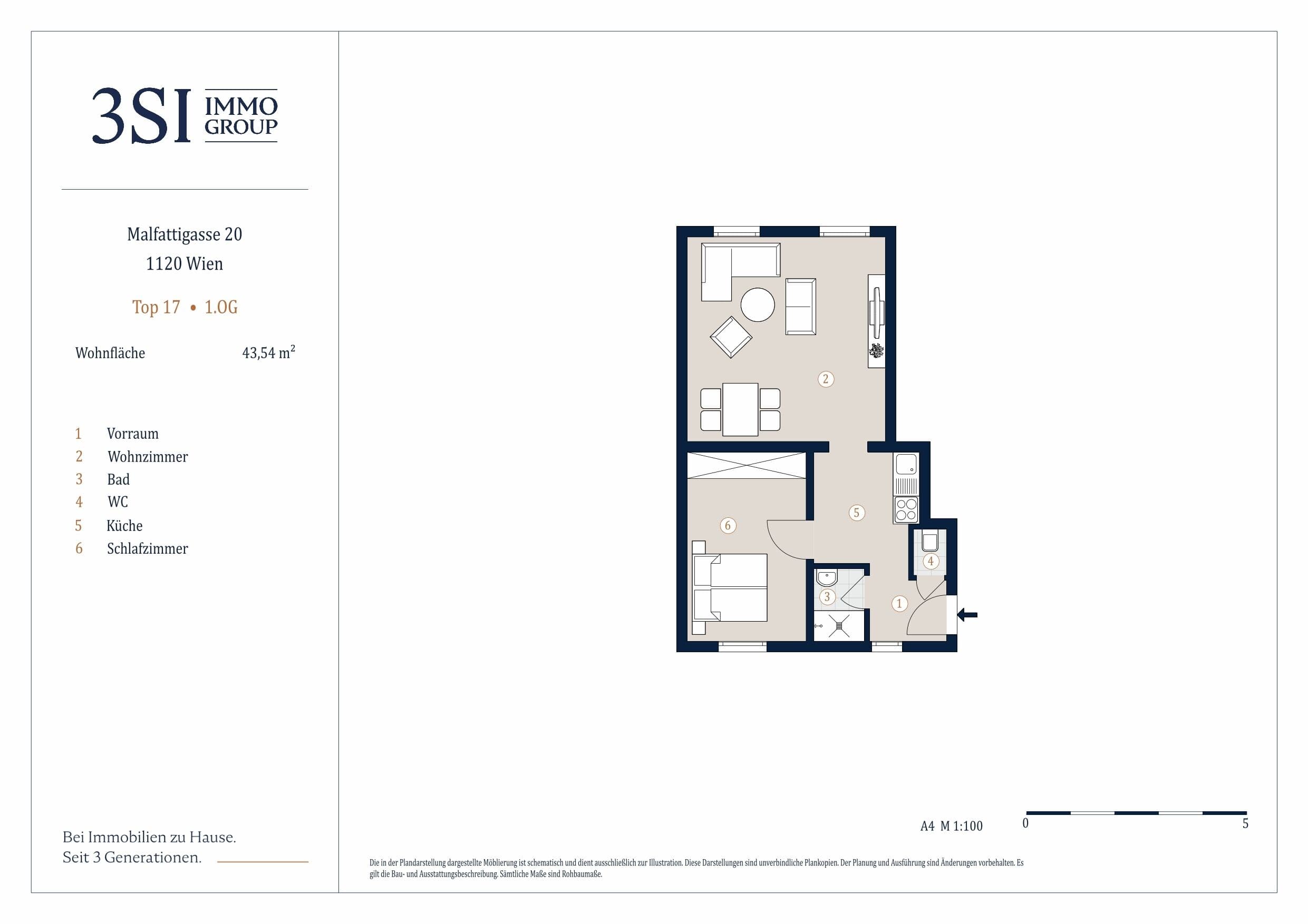 Grundriss Top 17 — Malfattigasse 20 — 2 Zimmer — 43,5 m² — 1st floor
