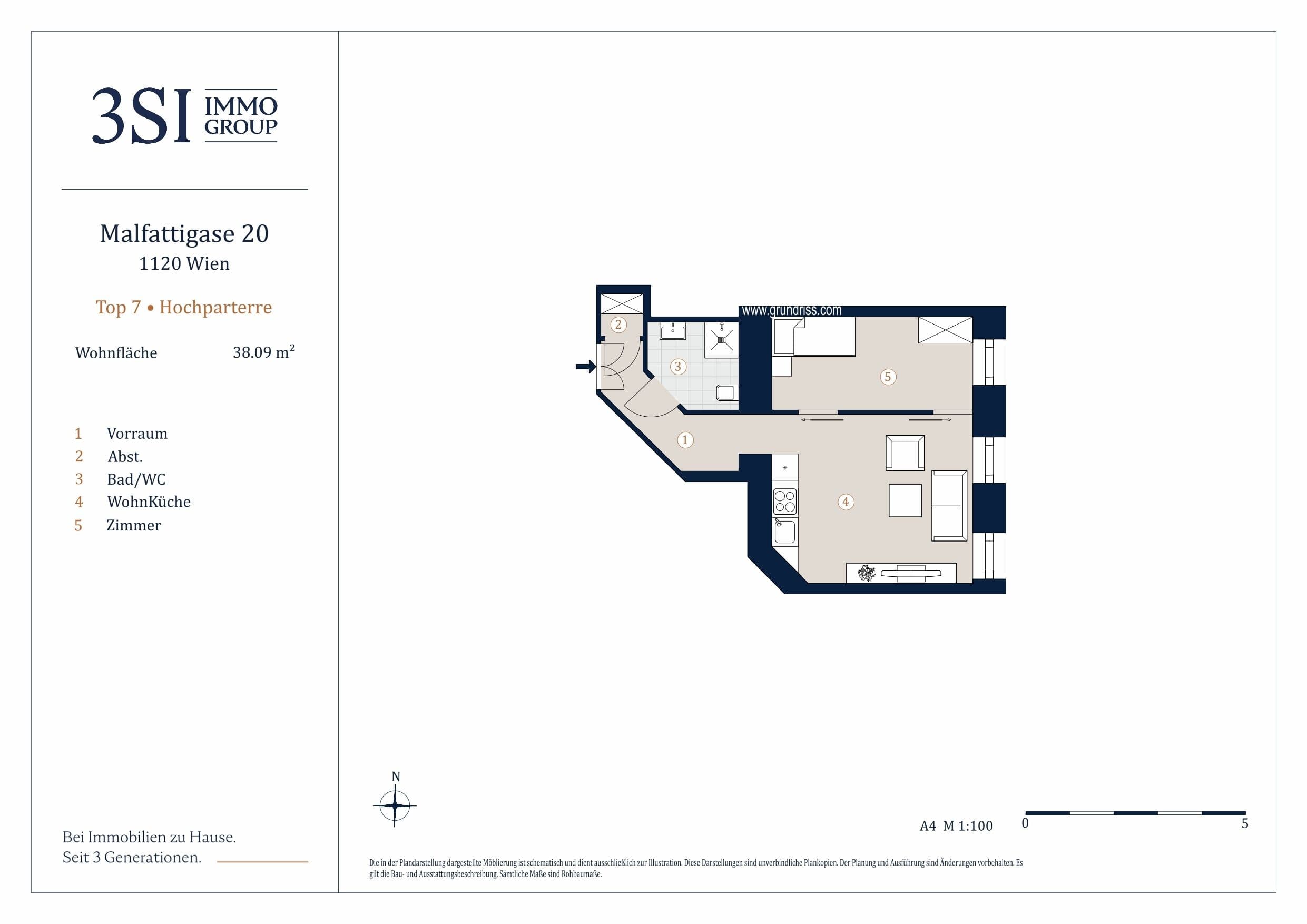 Grundriss Top 7 — Malfattigasse 20 — 2 Zimmer — 38,1 m² — Ground floor