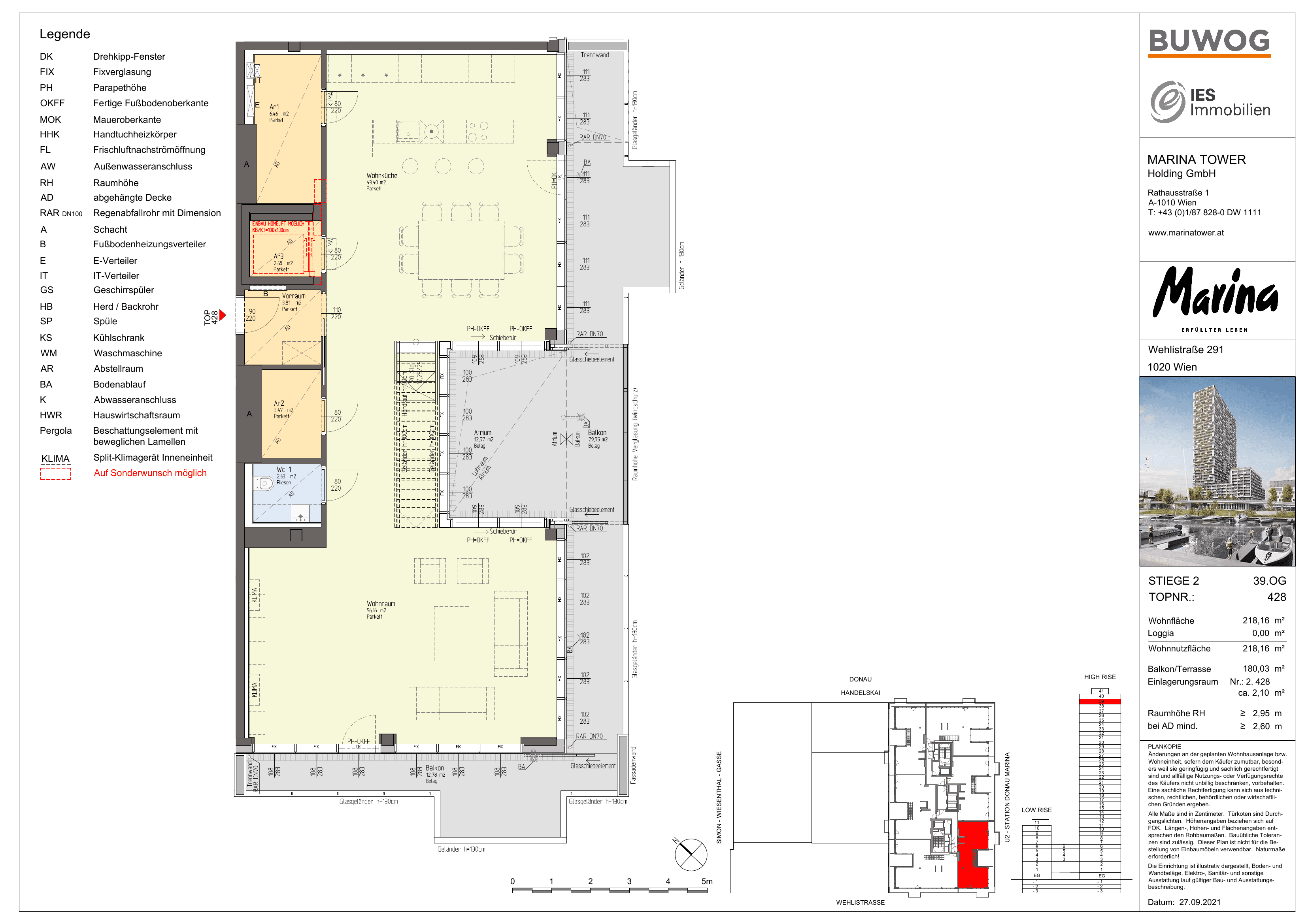 Grundriss Top 428 — Marina Tower — 4 Zimmer — 218,2 m² — 39th floor / 40th floor / 41st floor — East, South, West — Grundriss 1/3
