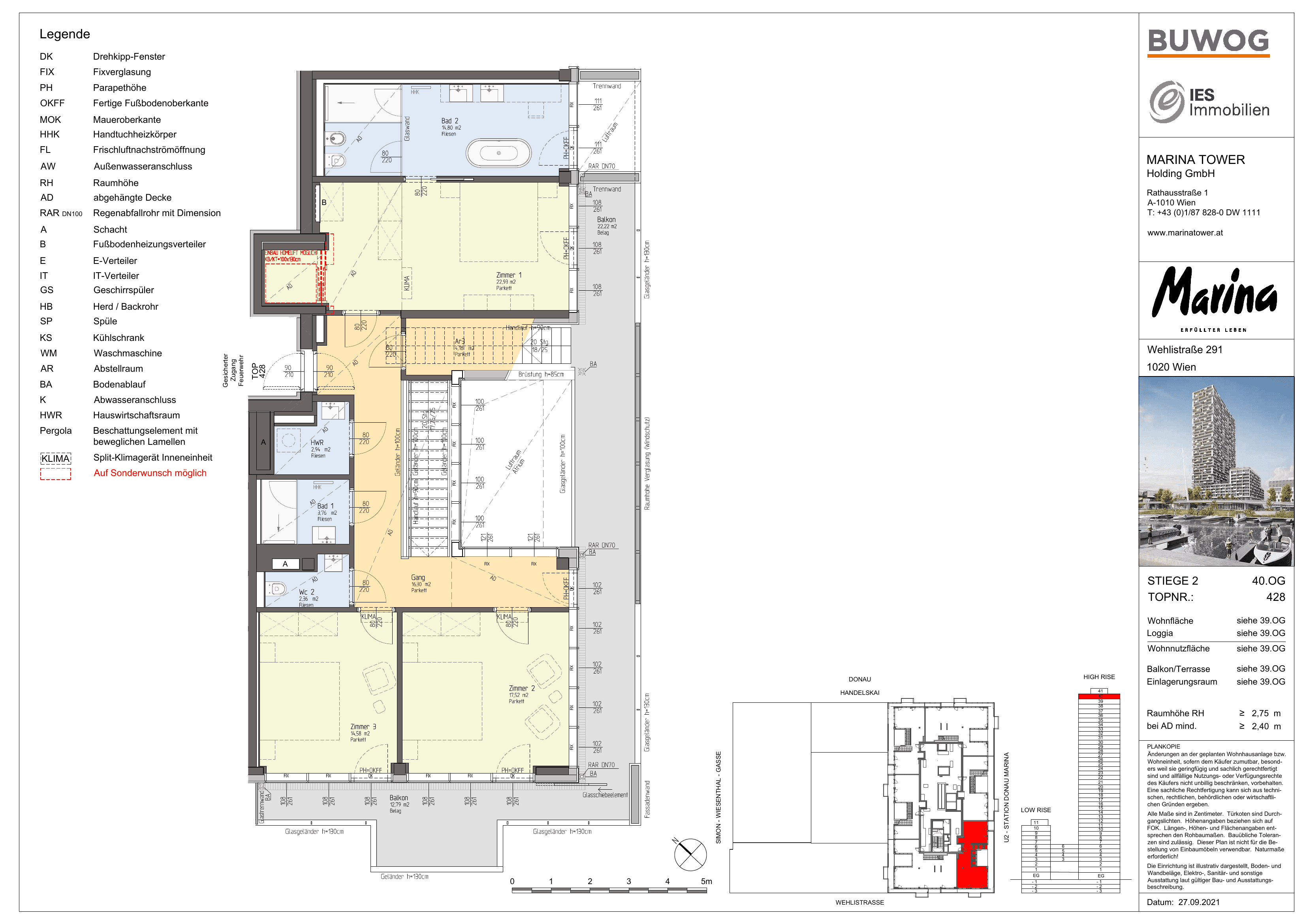 Grundriss Top 428 — Marina Tower — 4 Zimmer — 218,2 m² — 39th floor / 40th floor / 41st floor — East, South, West — Grundriss 2/3
