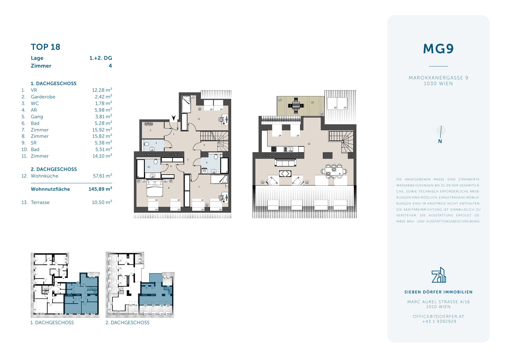 Grundriss Top 18 — MG9 / Marokkanergasse 9 — 4 Zimmer — 145,9 m² — 1st attic floor / 2nd attic floor