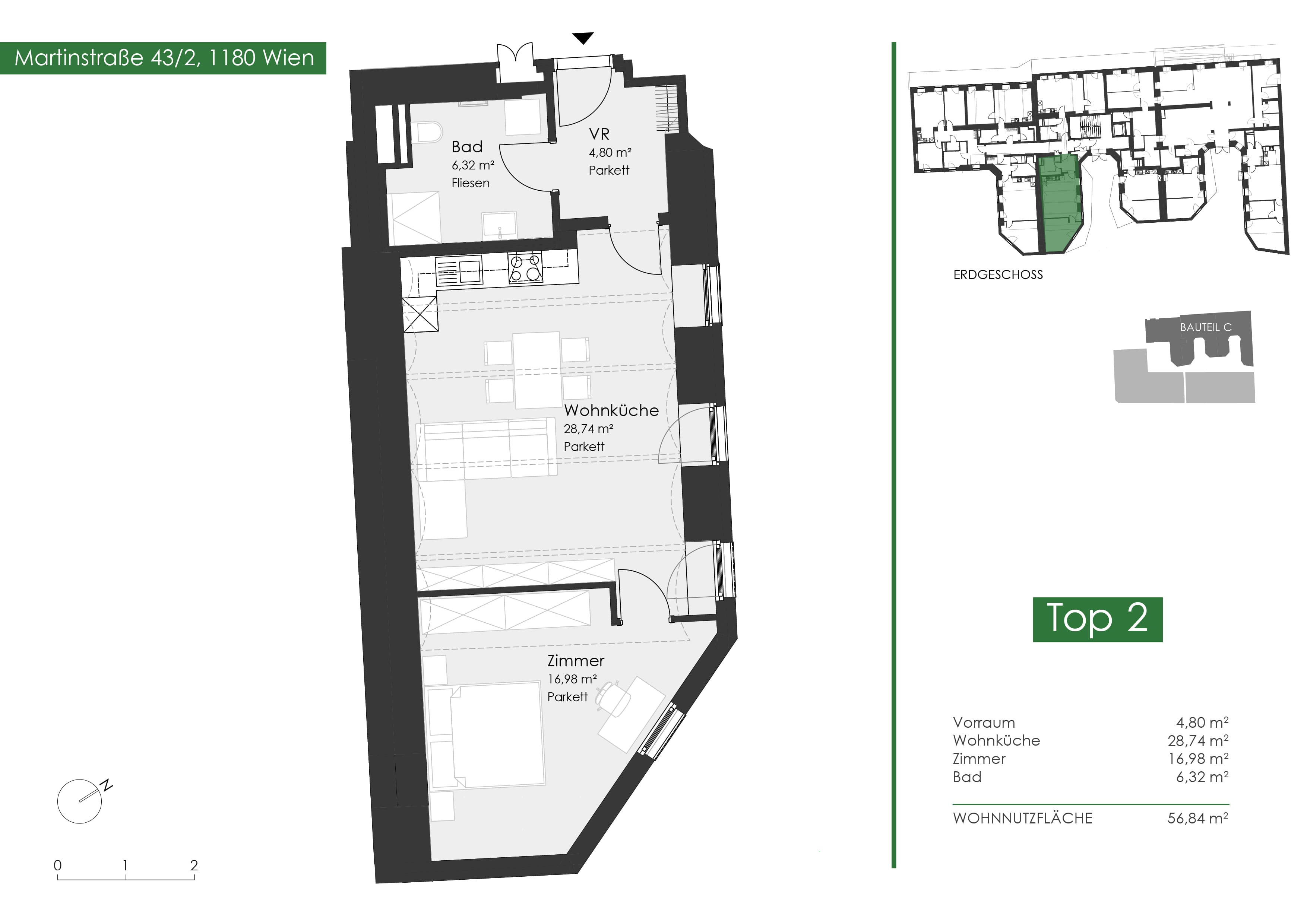 Grundriss Top 43.2.02 — Martinstraße 1180 — 2 Zimmer — 56,8 m² — Ground floor