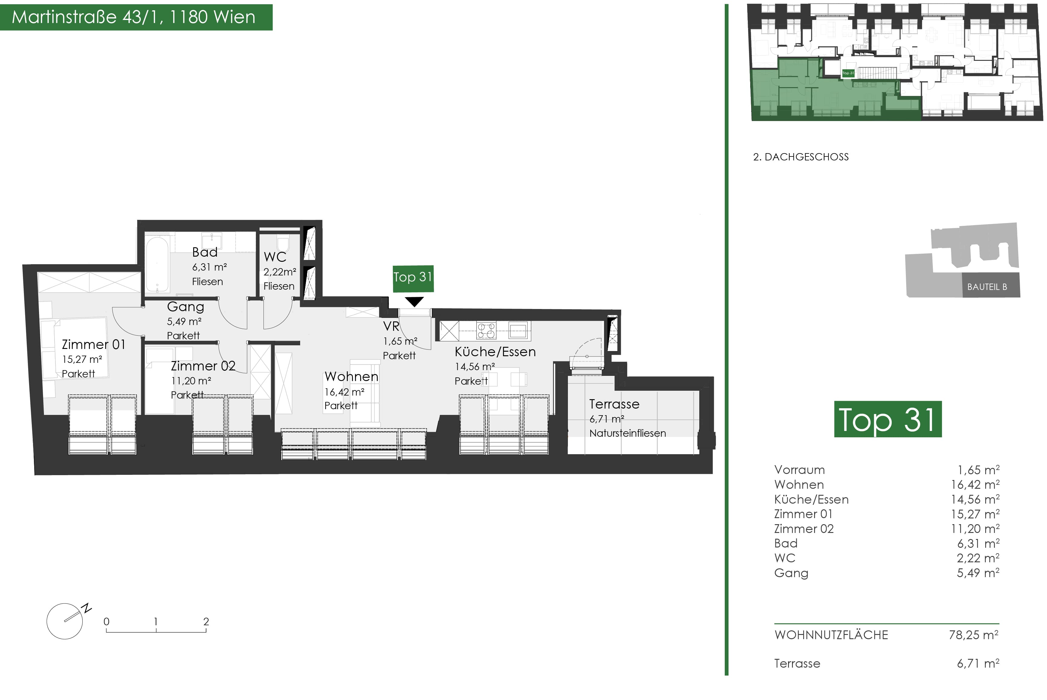 Grundriss Top 43.1.31 — Martinstraße 1180 — 2 Zimmer — 78,3 m² — 2nd attic floor