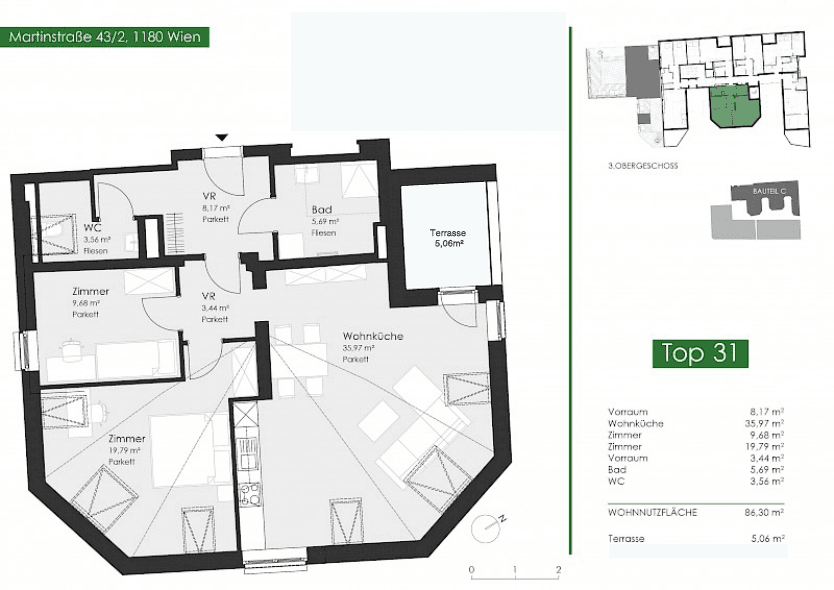 Grundriss Top 43.2.31 — Martinstraße 1180 — 3 Zimmer — 86,3 m² — 1st attic floor