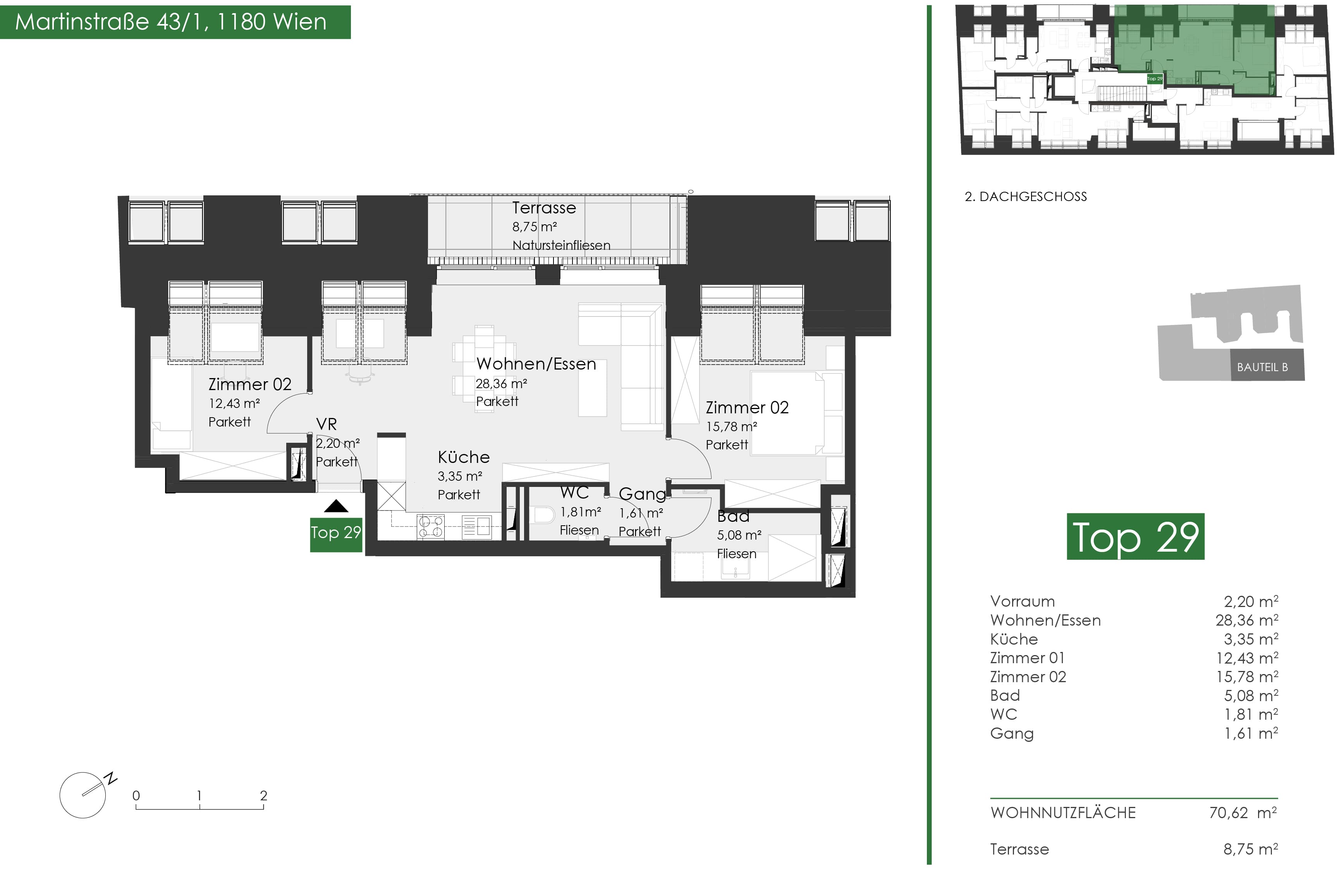 Grundriss Top 43.1.29 — Martinstraße 1180 — 3 Zimmer — 70,6 m² — 2nd attic floor