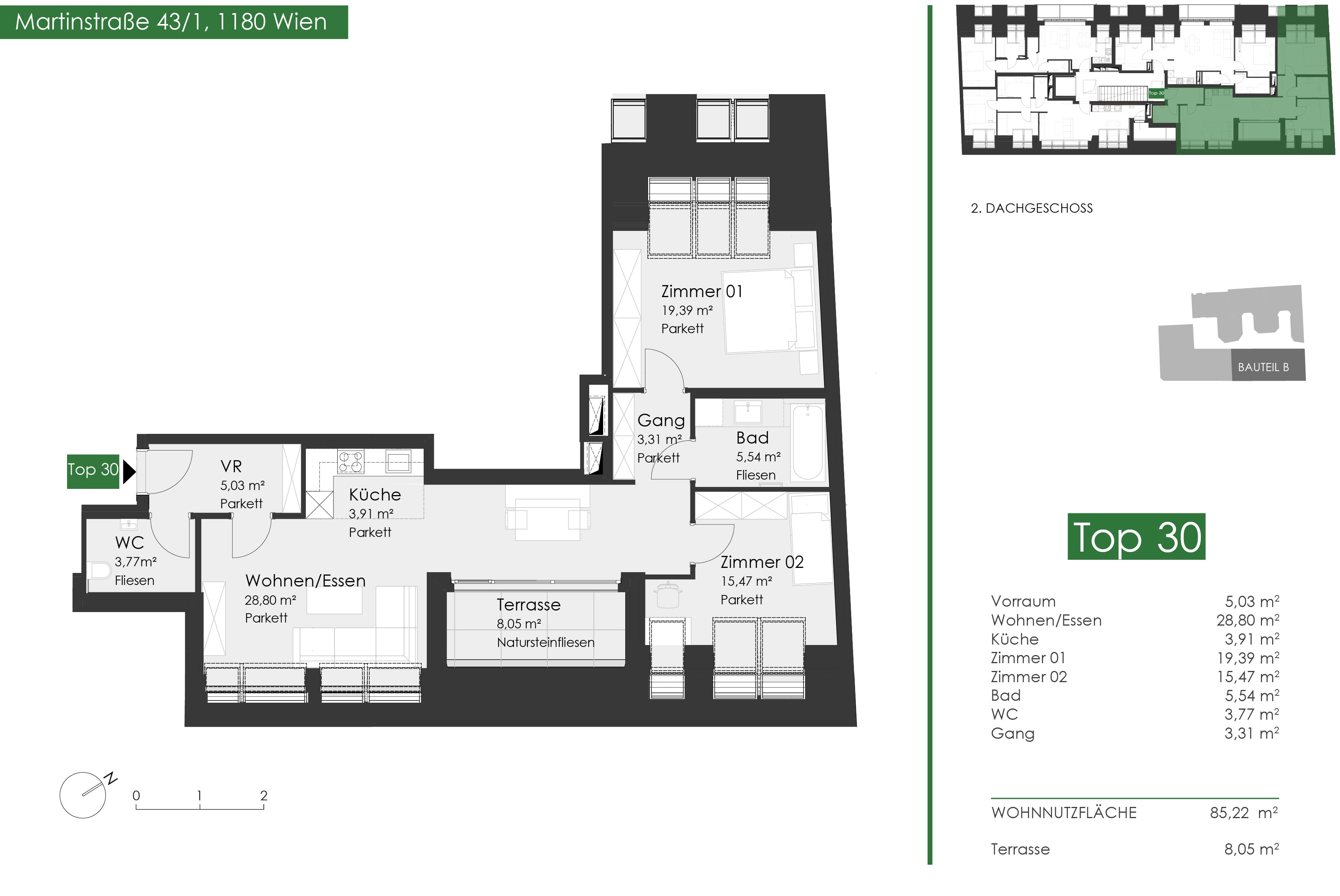 Grundriss Top 43.1.30 — Martinstraße 1180 — 3 Zimmer — 85,2 m² — 2nd attic floor