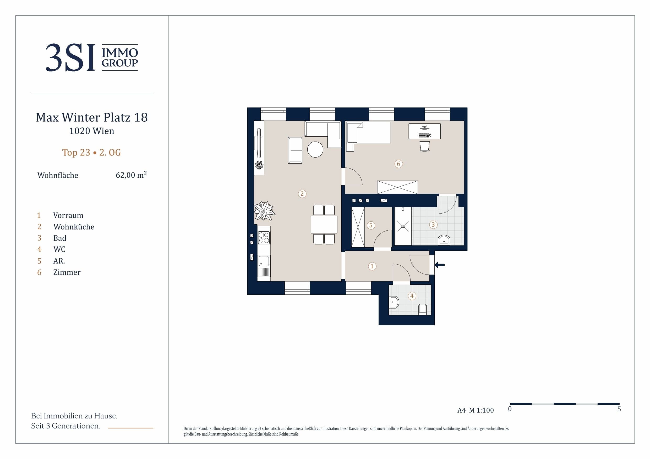 Grundriss Top 23 — Max-Winter-Platz 18 — 2 Zimmer — 62 m² — 2nd floor — hofseitig