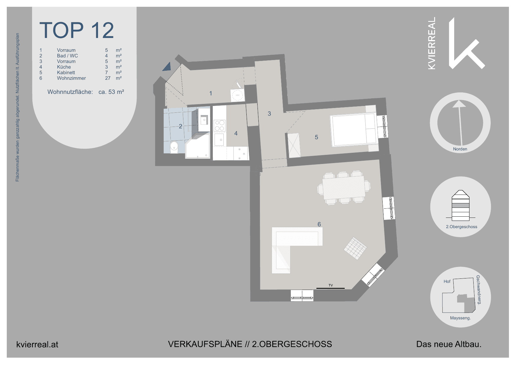 Grundriss Top 12 — Mayssengasse 22 — 2 Zimmer — 53 m² — 2nd floor