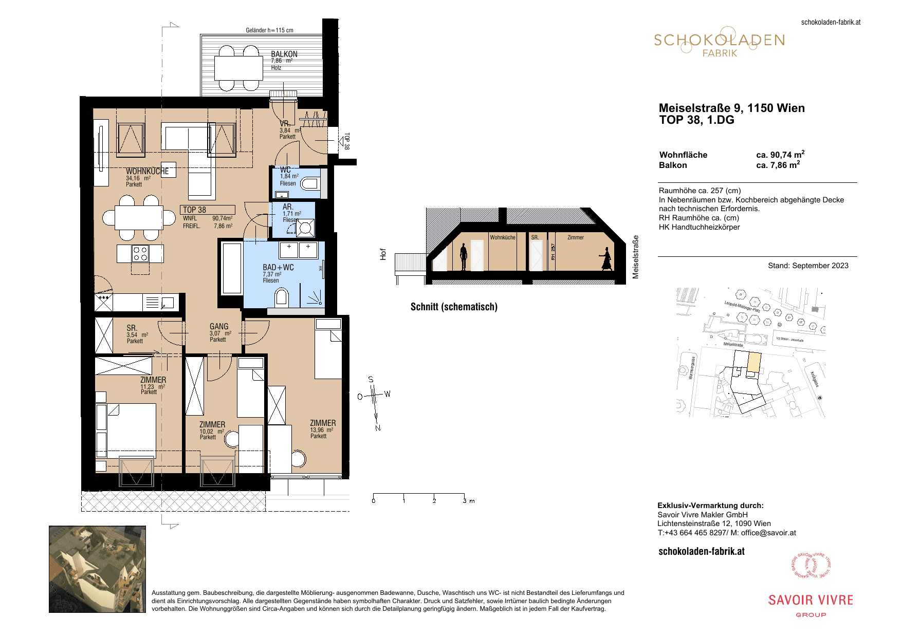 Grundriss Top 38 — Schokoladenfabrik Meiselstraße 9 — 4 Zimmer — 91 m² — 1st attic floor — Straßentrakt