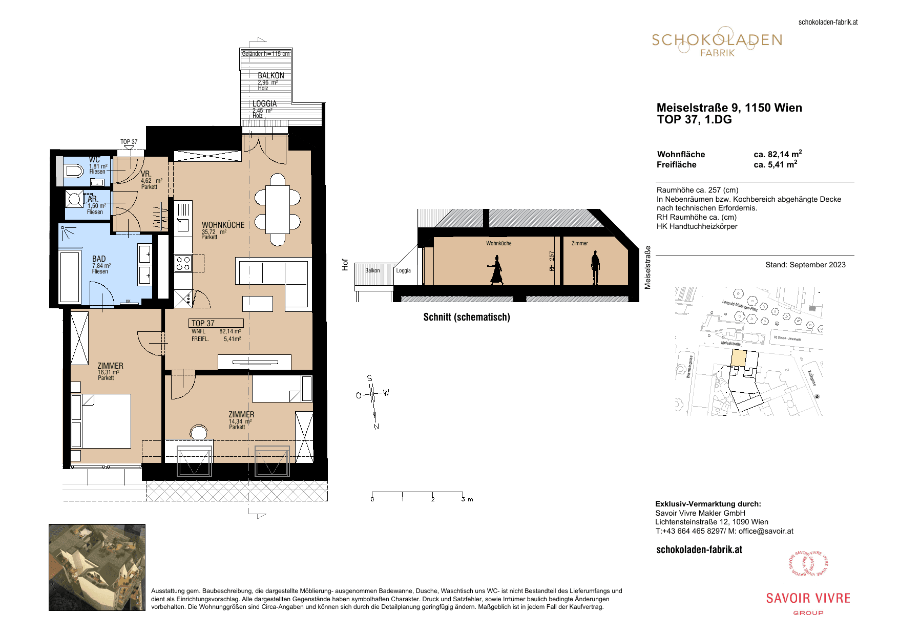 Grundriss Top 37 — Schokoladenfabrik Meiselstraße 9 — 3 Zimmer — 82 m² — 1st attic floor — Straßentrakt