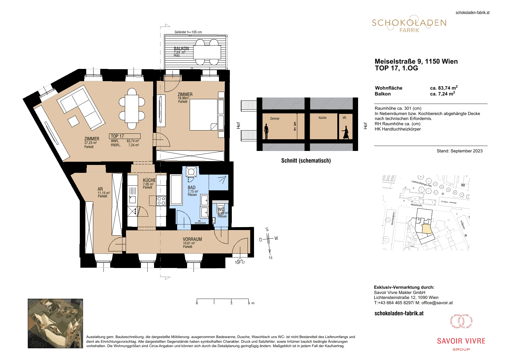 Grundriss Top 17 — Schokoladenfabrik Meiselstraße 9 — 3 Zimmer — 84 m² — 1st floor — Gartentrakt