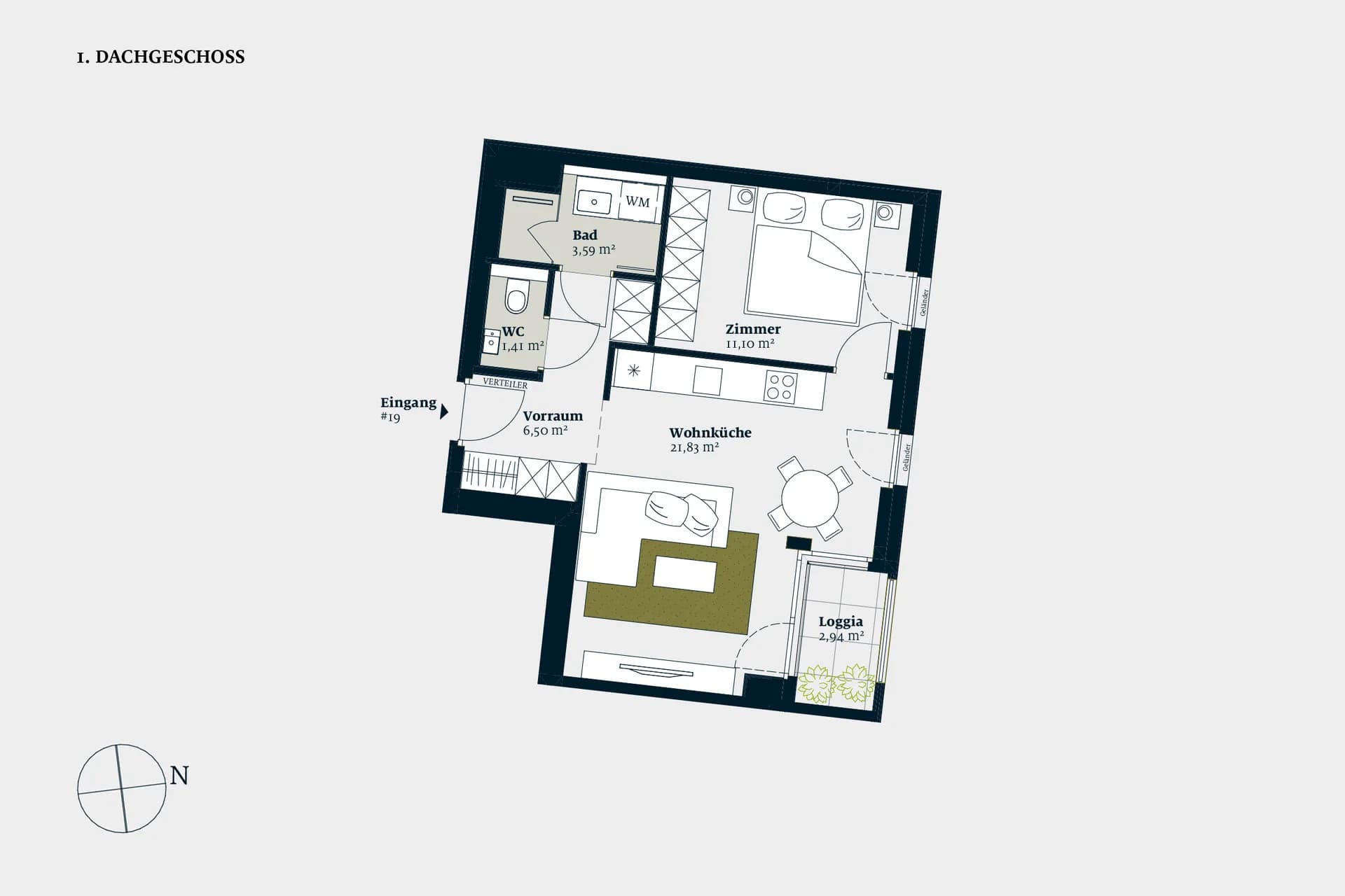 Grundriss stiege-1-top-19 — Liv MICHA ELA GARTEN — 2 Zimmer — 44,5 m² — 1st attic floor — Grundriss 3/3