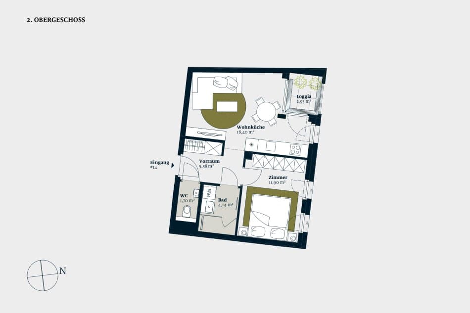 Grundriss stiege-1-top-14 — Liv MICHA ELA GARTEN — 2 Zimmer — 41,7 m² — 2nd floor — Grundriss 2/3