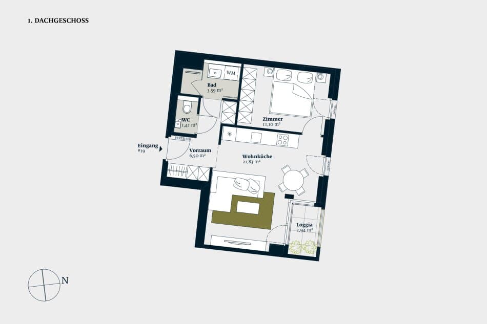 Grundriss stiege-1-top-19 — Liv MICHA ELA GARTEN — 2 Zimmer — 44,5 m² — 1st attic floor — Grundriss 2/3