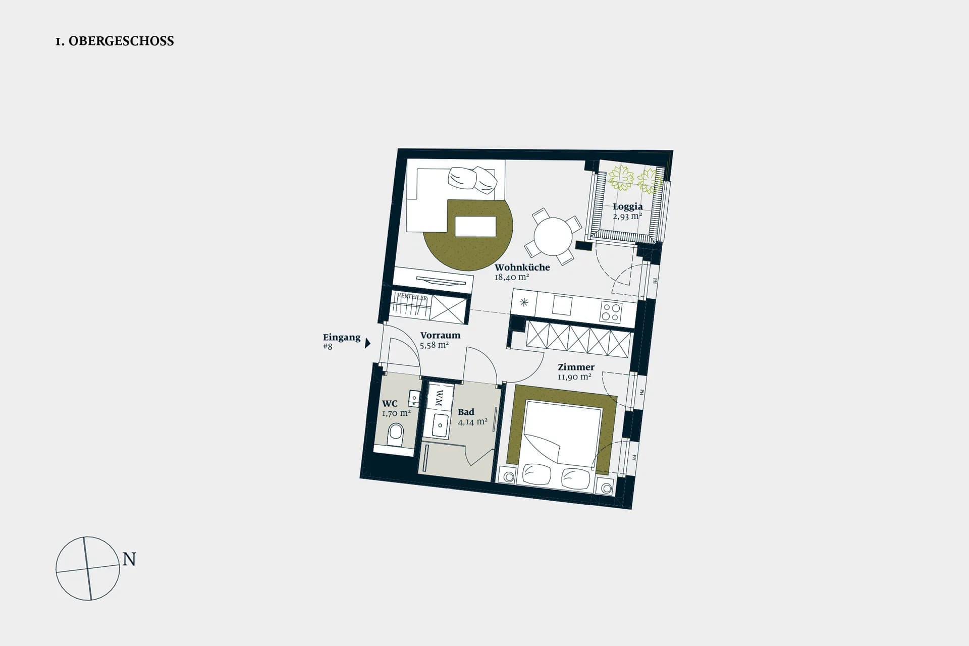 Grundriss stiege-1-top-8 — Liv MICHA ELA GARTEN — 2 Zimmer — 41,7 m² — 1st floor — Grundriss 3/3