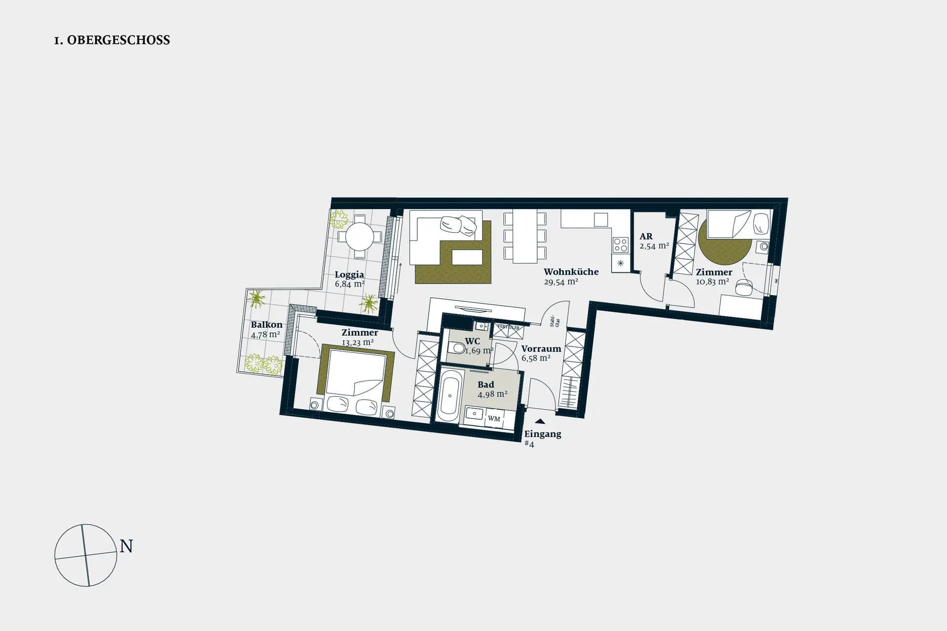 Grundriss stiege-1-top-4 — Liv MICHA ELA GARTEN — 3 Zimmer — 69,4 m² — 1st floor — Grundriss 2/2