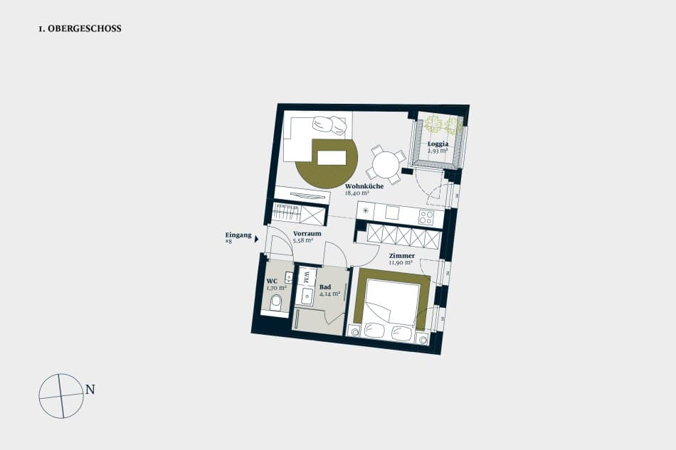 Grundriss stiege-1-top-8 — Liv MICHA ELA GARTEN — 2 Zimmer — 41,7 m² — 1st floor — Grundriss 2/3