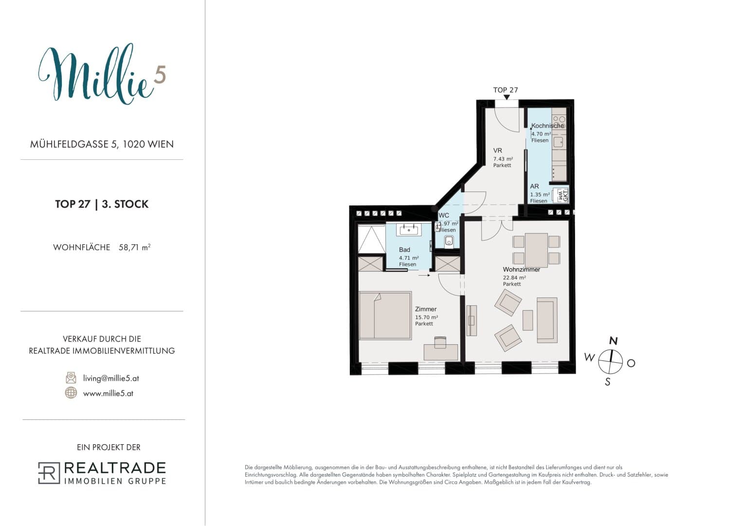 Grundriss Top 27 — Millie 5 — 2 Zimmer — 58,7 m² — 4th floor