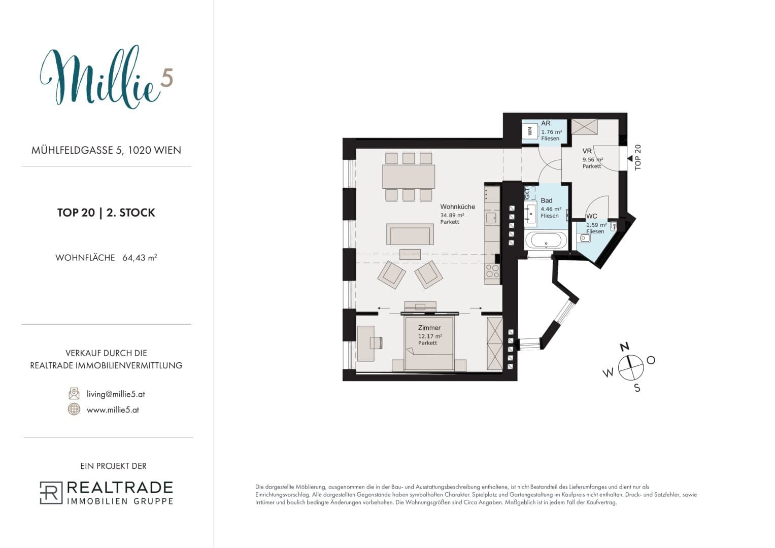Grundriss Top 20 — Millie 5 — 2 Zimmer — 64,4 m² — 3rd floor