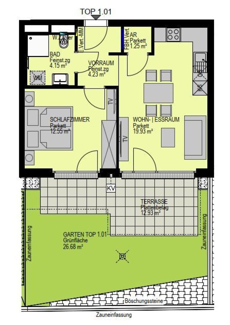 Grundriss Top 1.01 — Minorgasse 73 — 2 Zimmer — 42,1 m² — Ground floor