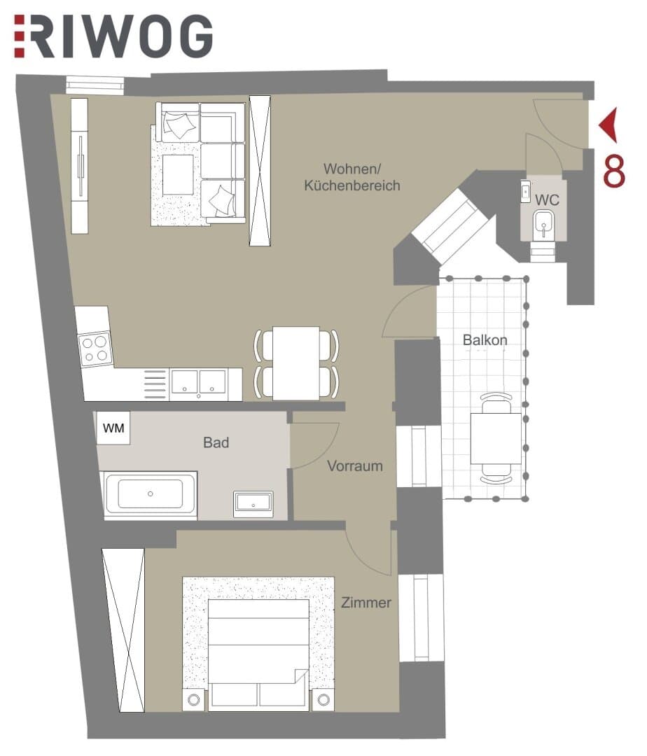 Grundriss Top 8 — Mohsgasse 9 — 2 Zimmer — 62 m² — 1st floor