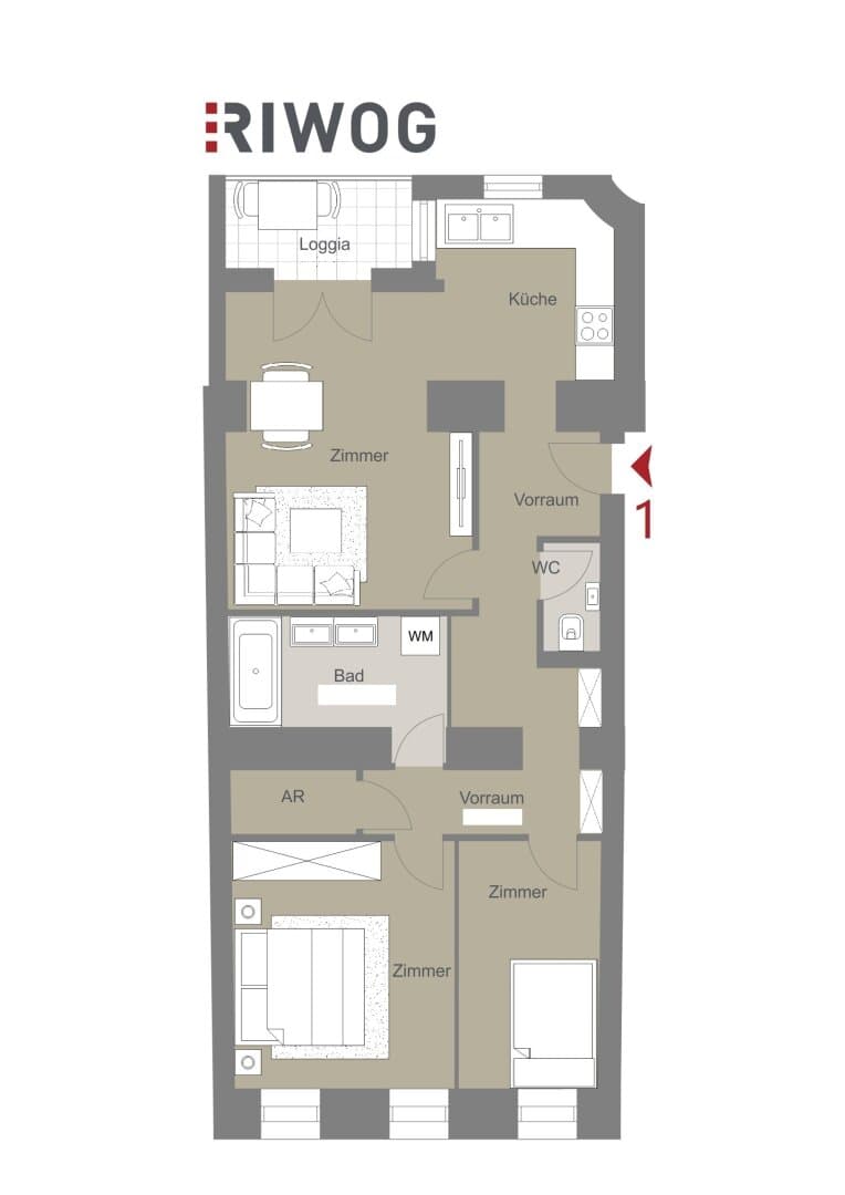 Grundriss Top 1 — Mohsgasse 9 — 3 Zimmer — 73 m² — Mezzanine