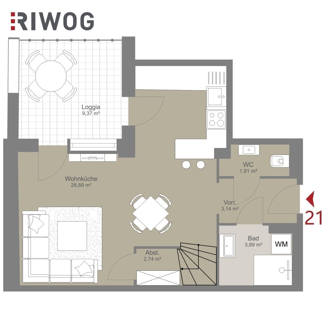 Grundriss Top 21 — Mohsgasse 9 — 2 Zimmer — 59 m² — 1st attic floor — Grundriss 1/2