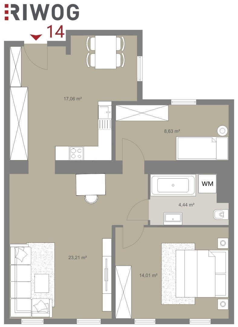 Grundriss Top 14 — Mohsgasse 9 — 3 Zimmer — 67 m² — 3rd floor