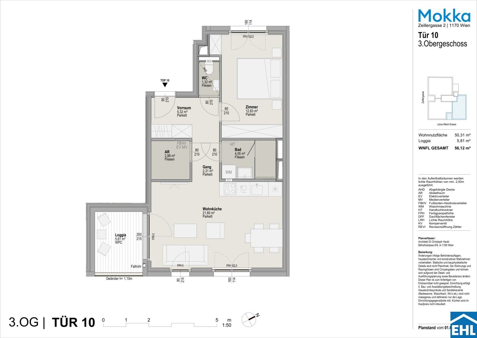 Grundriss Top 10 — Mokka — 2 Zimmer — 50,3 m² — 3rd floor — Ost